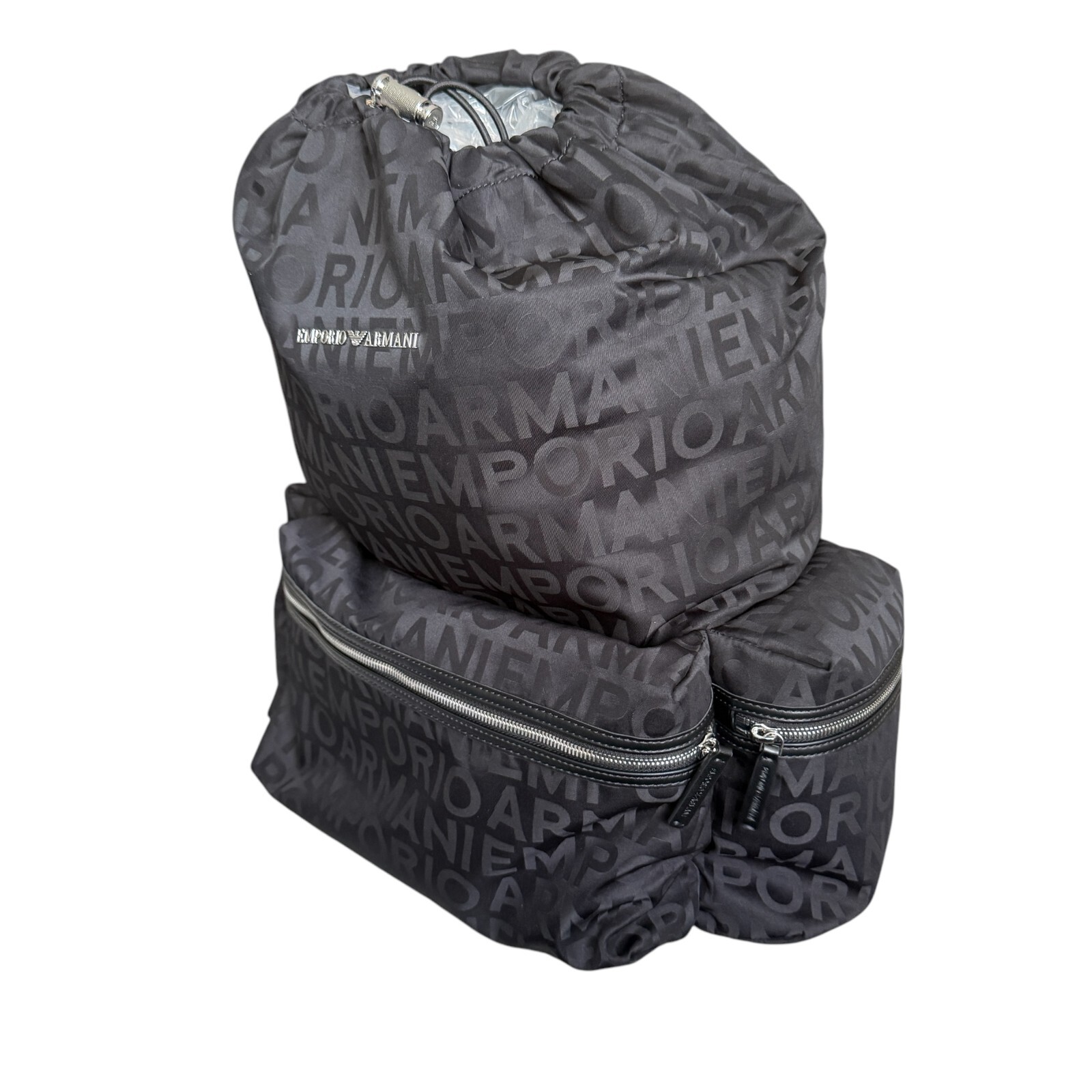 New Emporio Armani Black Nylon oversized Drawstring Logo Backpack