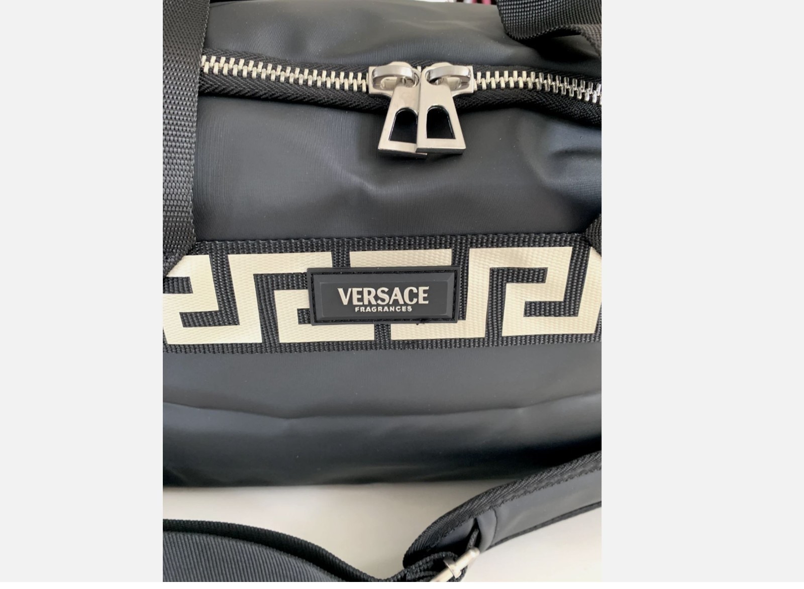 Versace Fragrances Black Duffle with Silver Tone Zipper Travel Overnight Bag New