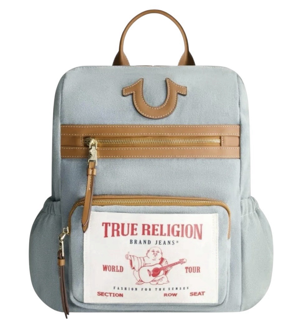Backpack, Buddha Patch Bag with Horseshoe Logo and Zip Pocket Travel Bag, Denim
