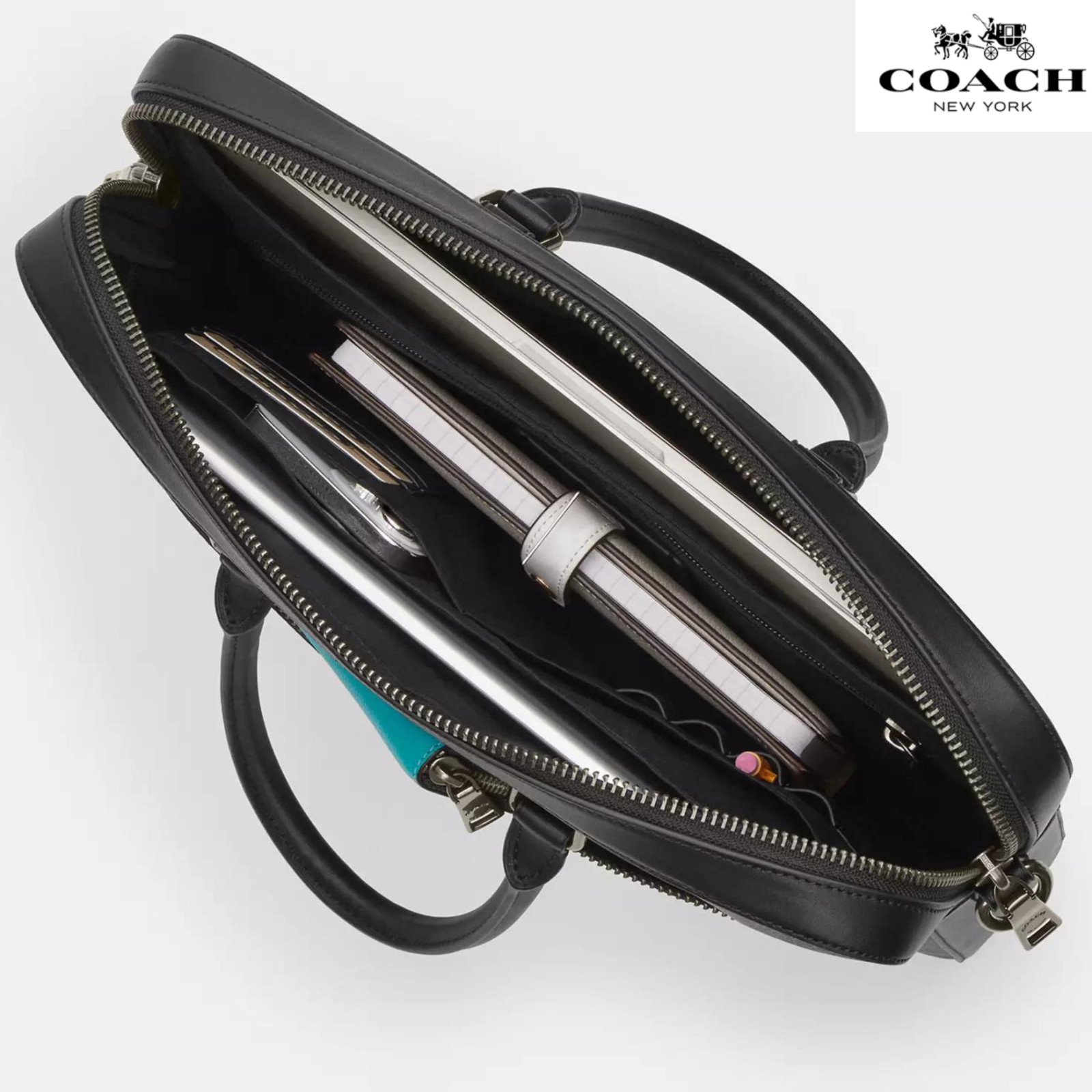 Coach Ethan Slim Brief In Signature Canvas for laptop Gunmetal Charcoal Black
