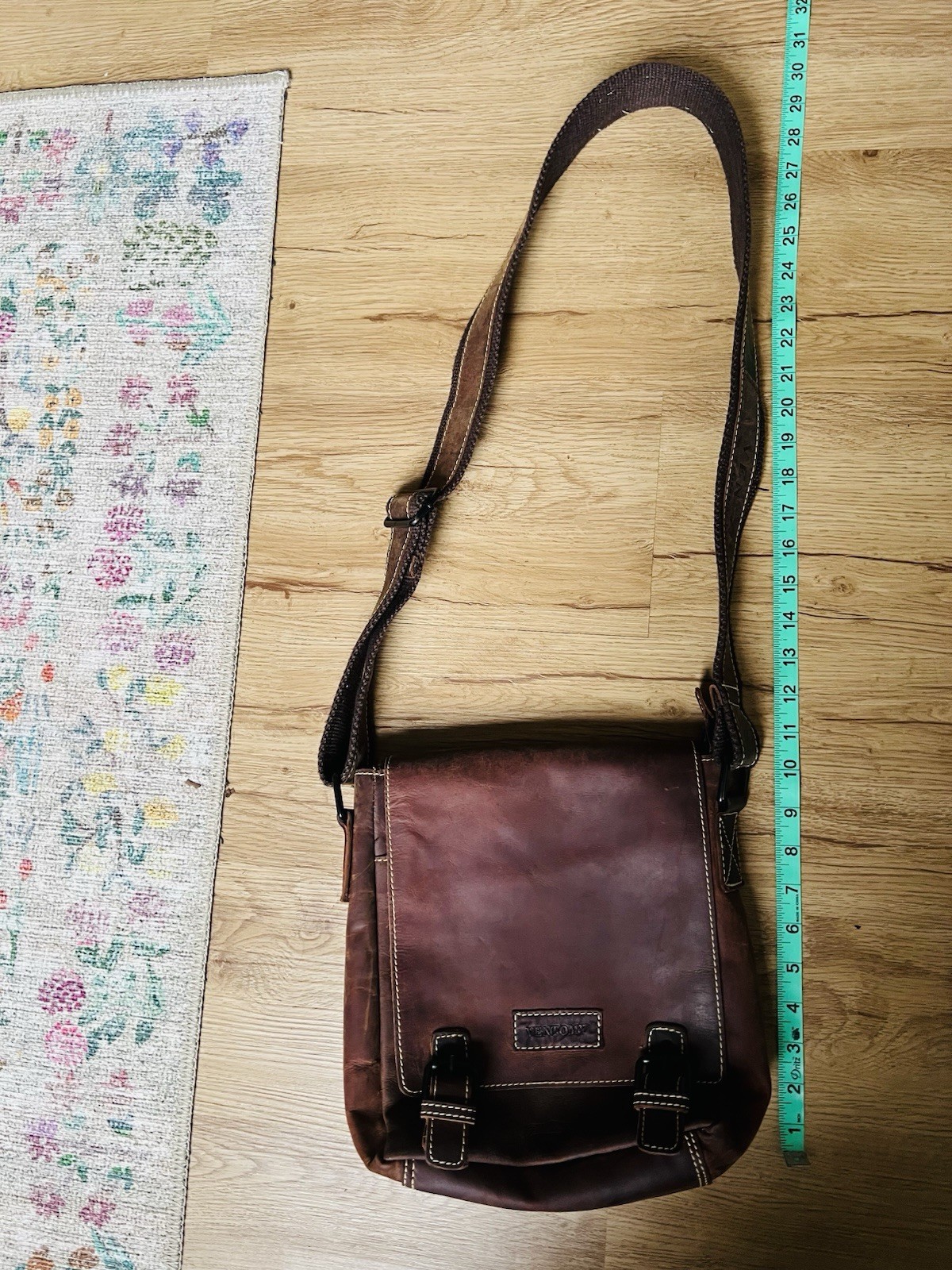 VENTOMY Brown Leather Messenger Bag Adjustable Strap Buckle Zip Snap Closures