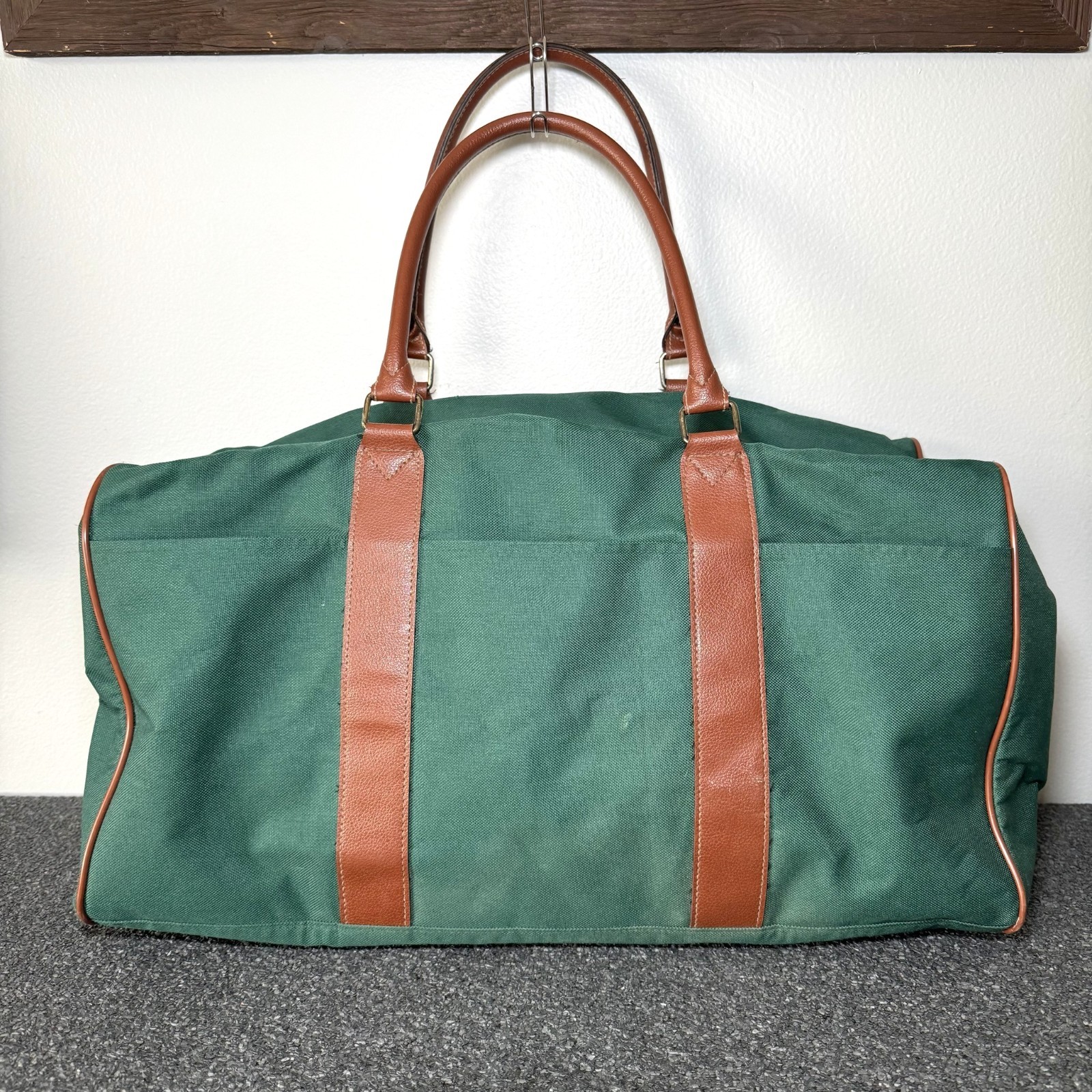 Vintage Ralph Lauren Weekender Duffel Bag Canvas Green Brown Leather Trim Travel