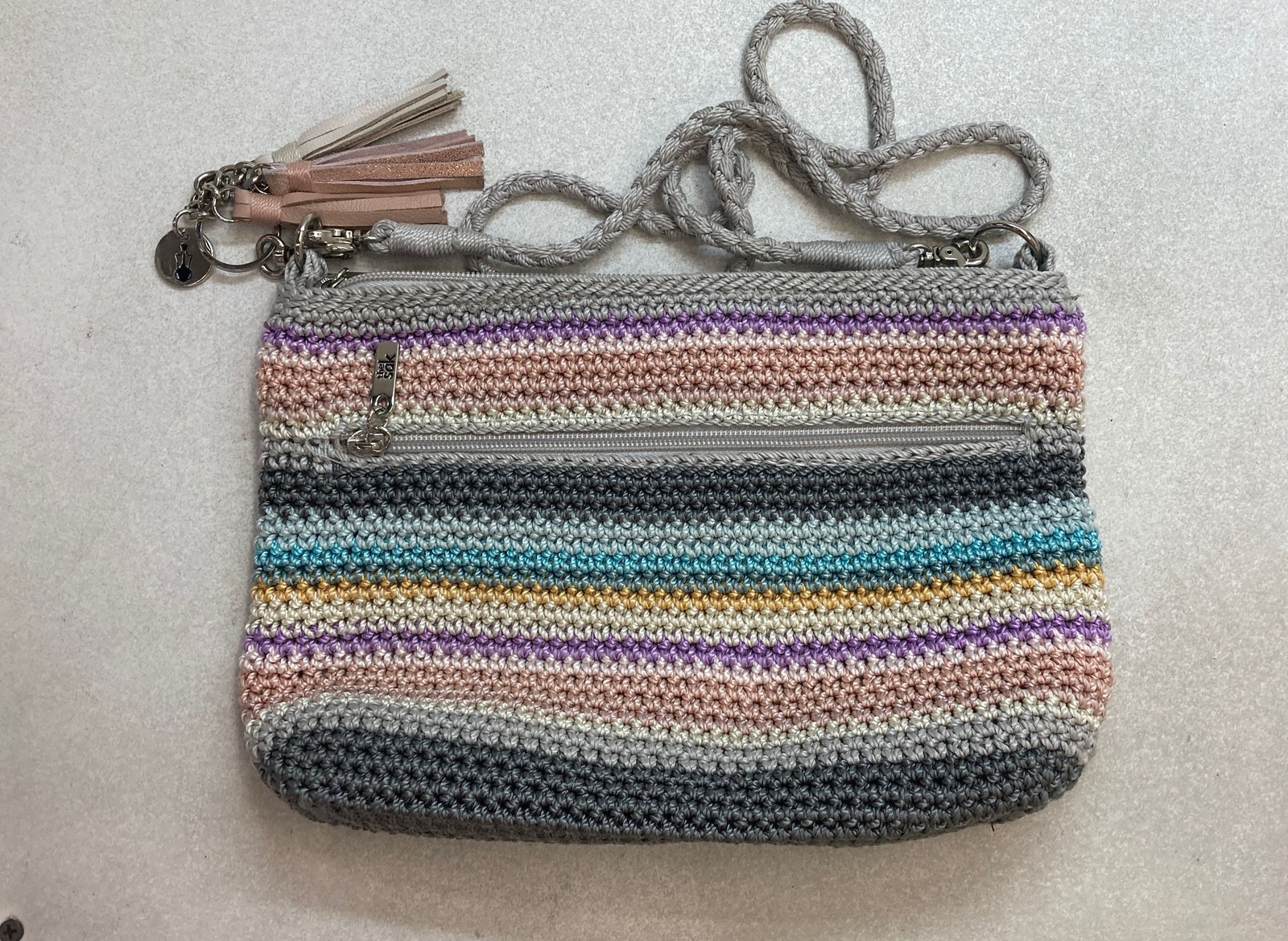 The Sak Multicolor Striped Crocheted Crossbody Bag Braided Strap Tassels