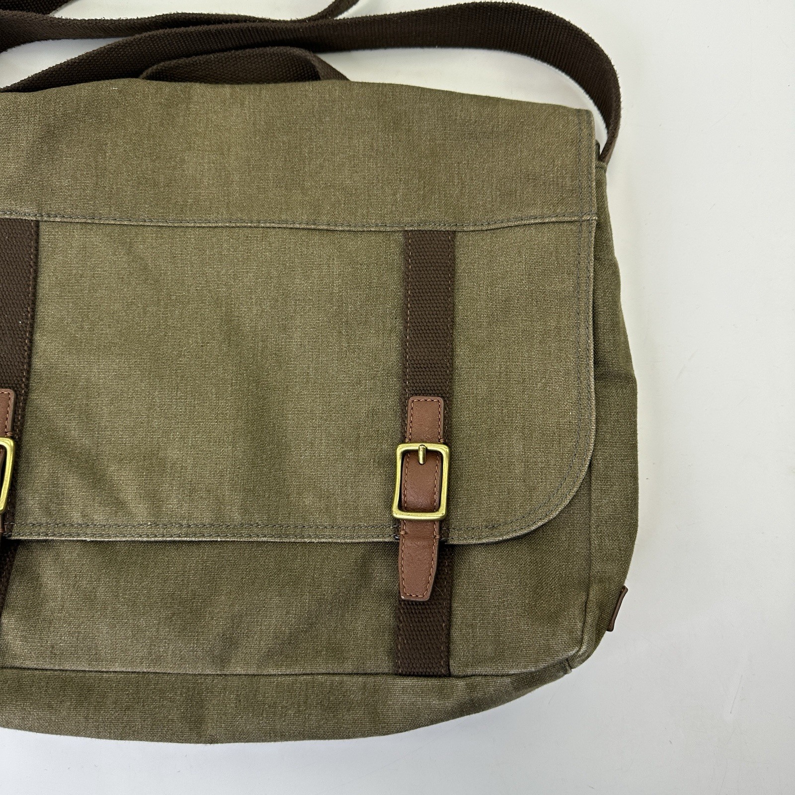 Fossil Green Brown Canvas Laptop Messenger Bag with Adjustable Strap and Pockets