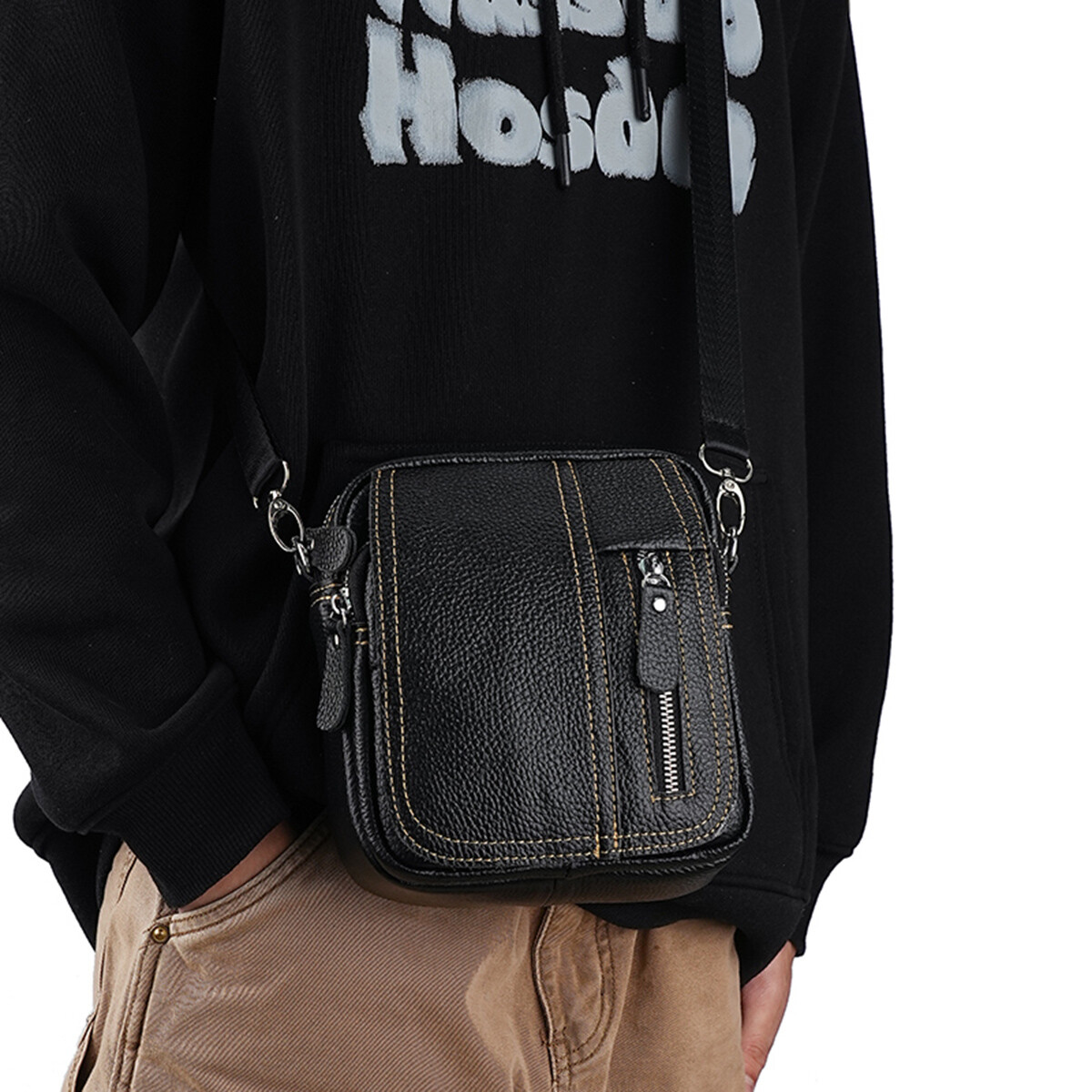 Mens Genuine Leather Mini Messenger Cross Body Handbag Shoulder Bag Large Purse