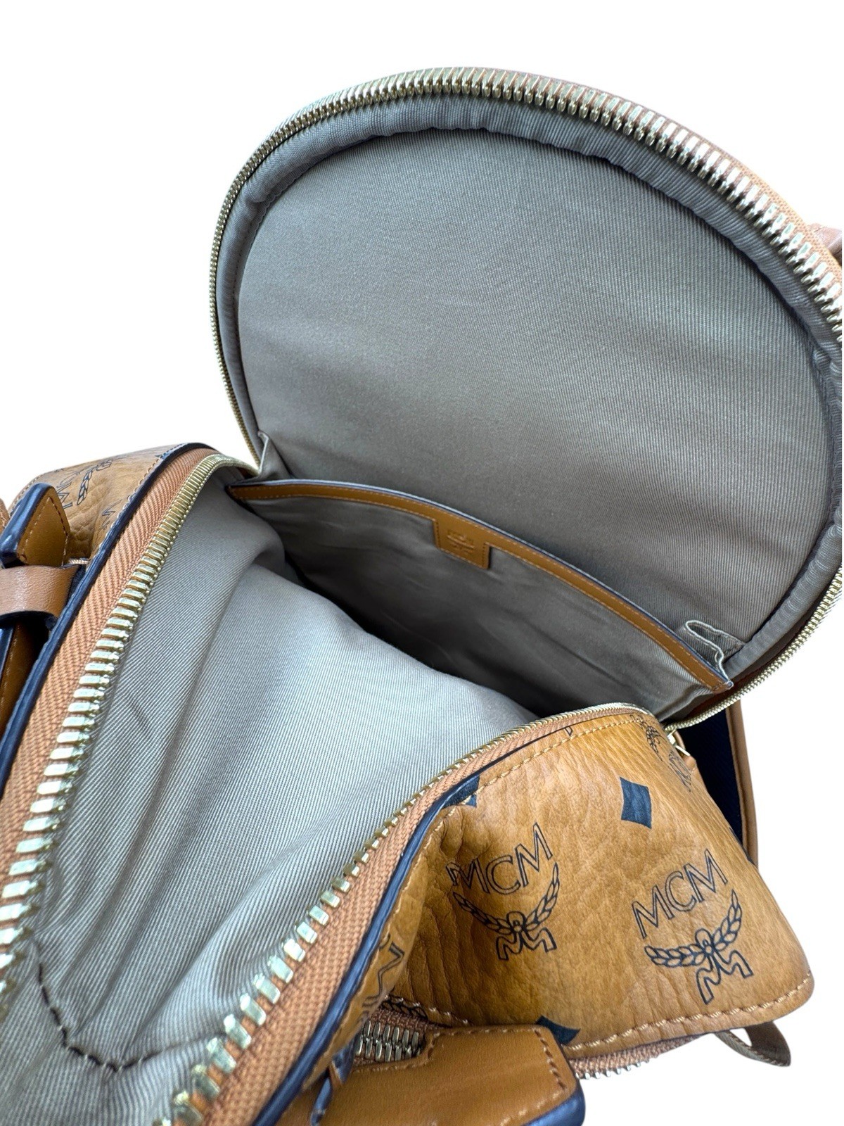 Authentic MCM Stark Visetos Cognac Medium Backpack Gold Hardware Brown
