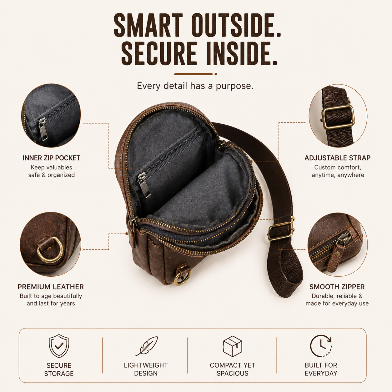 Genuine Leather Sling Bag Men Crossbody Chest Shoulder Travel Backpack Brown