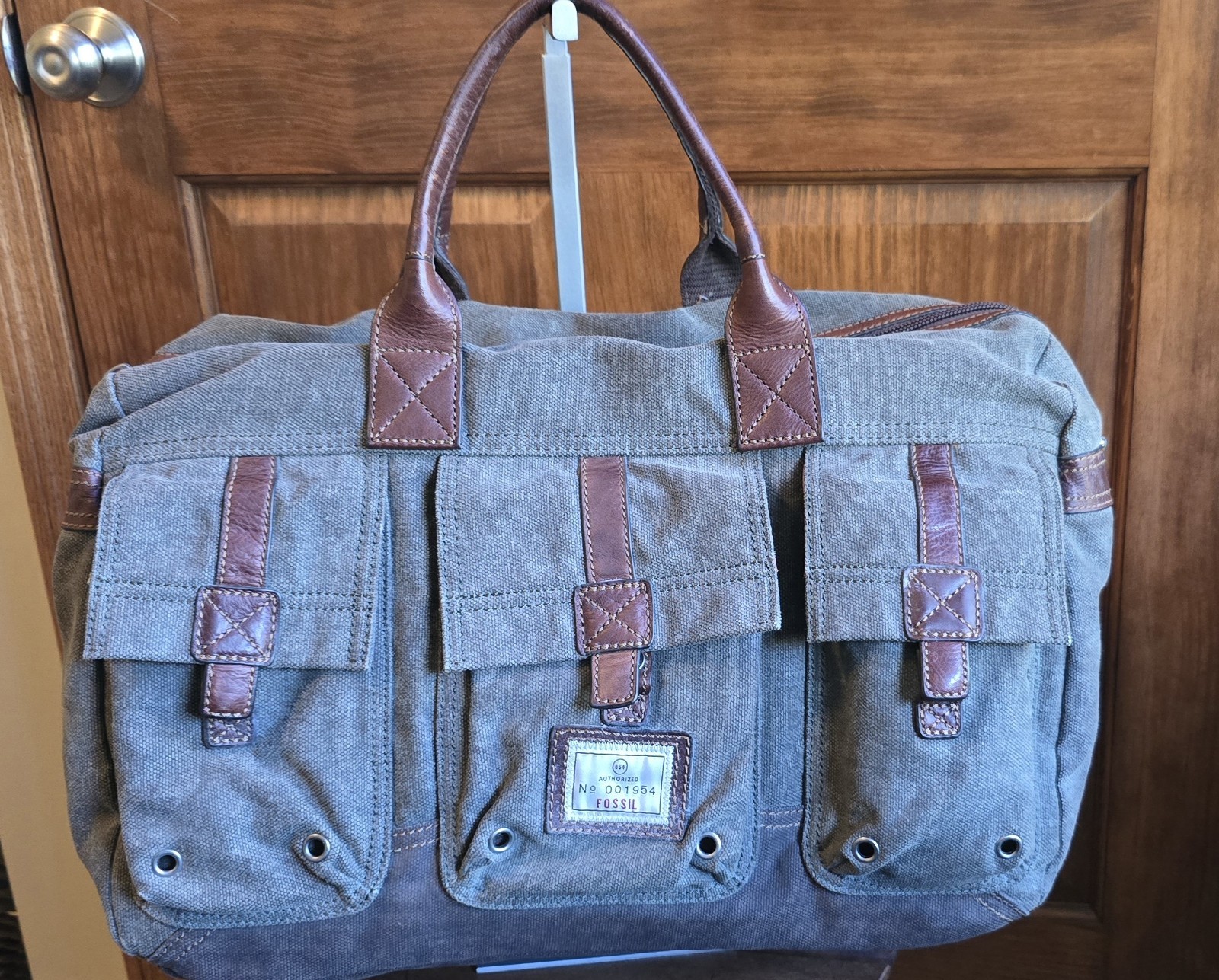 Fossil Canvas Leather Duffle Bag Army Green Adjustable Removeable Strap