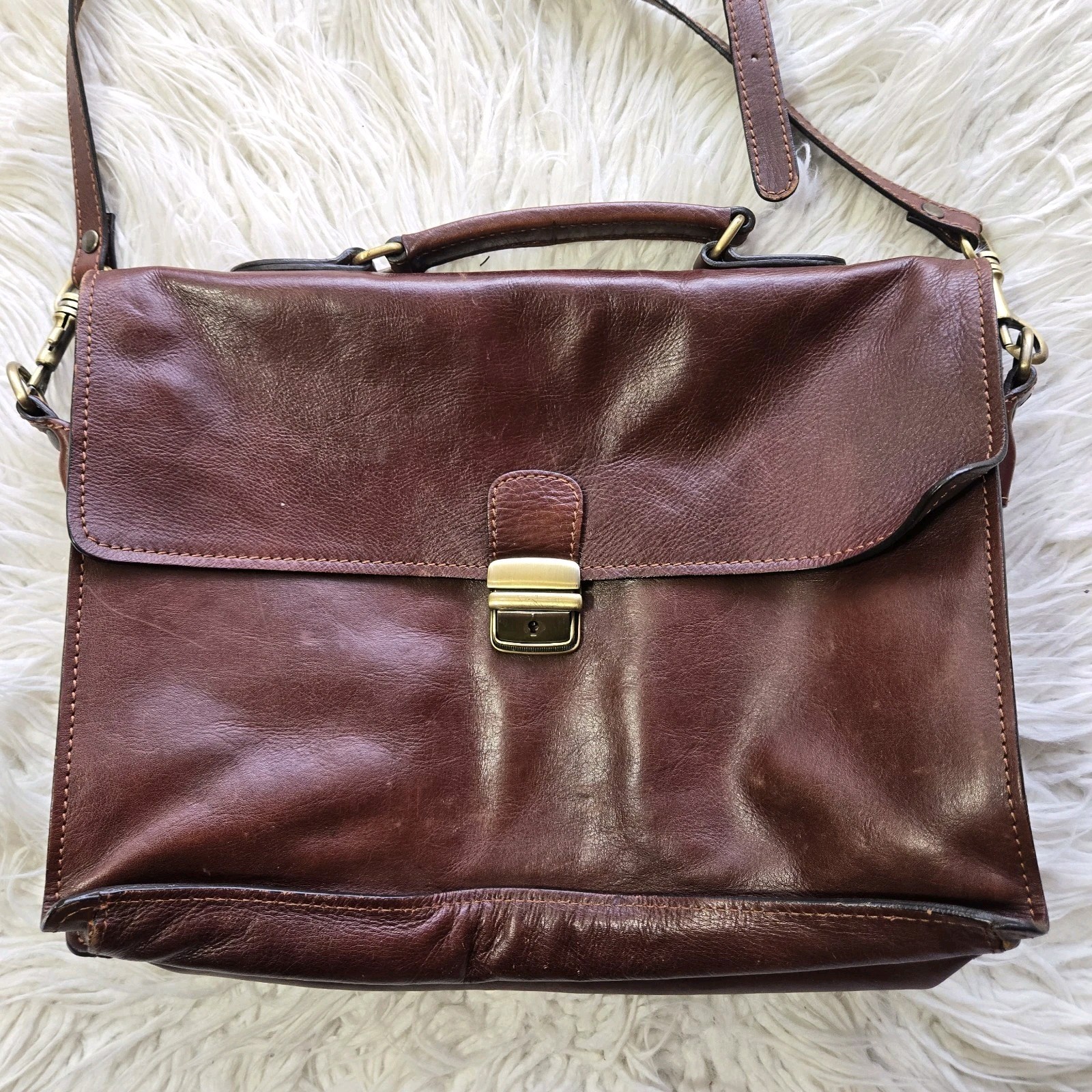 OLD ANGLER-Italian Leather Briefcase Messenger Bag Removable Strap Made Italy