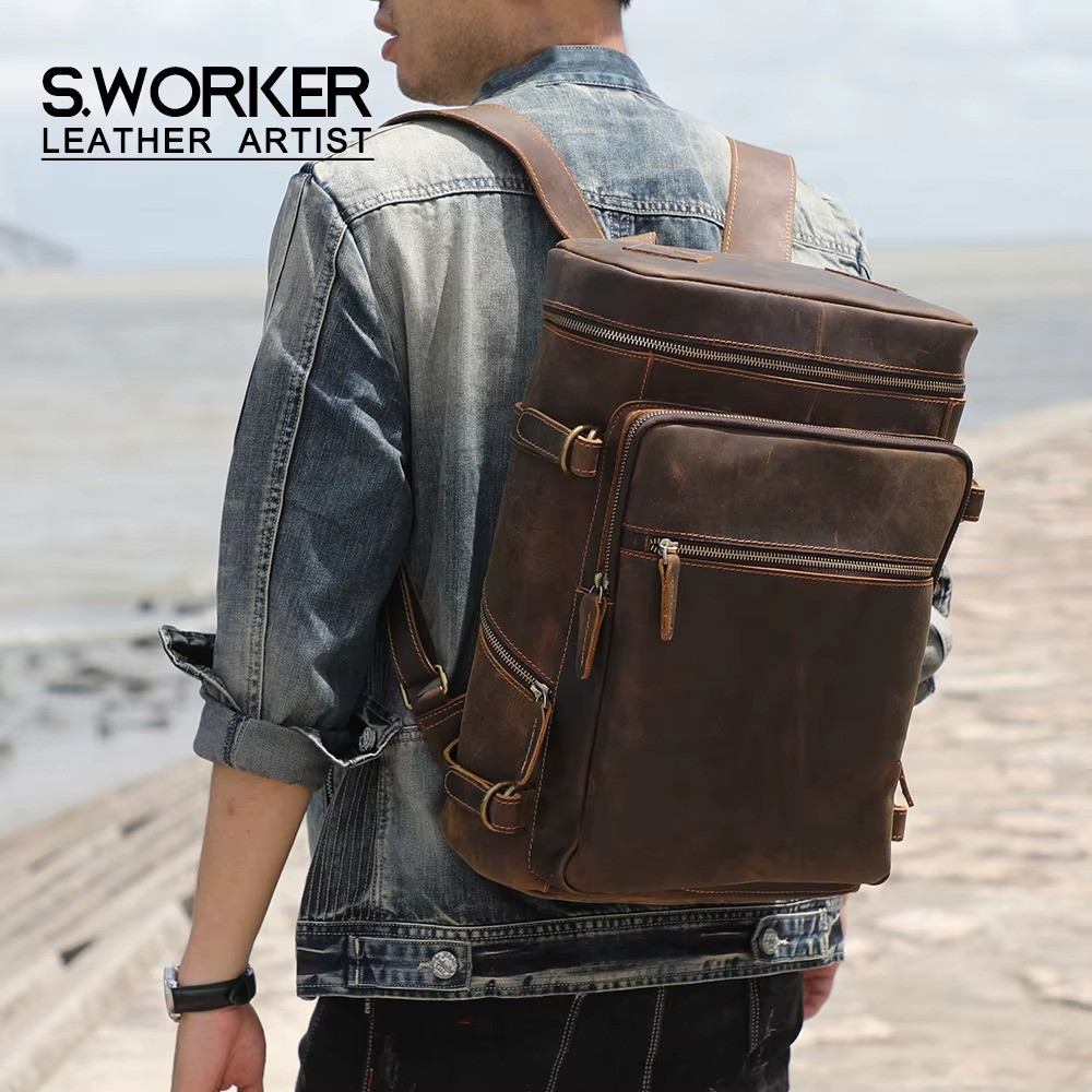 2025 NeLuxury Genuine Leather Backpack Men Laptop Bag Large Travel Cowhide Retro