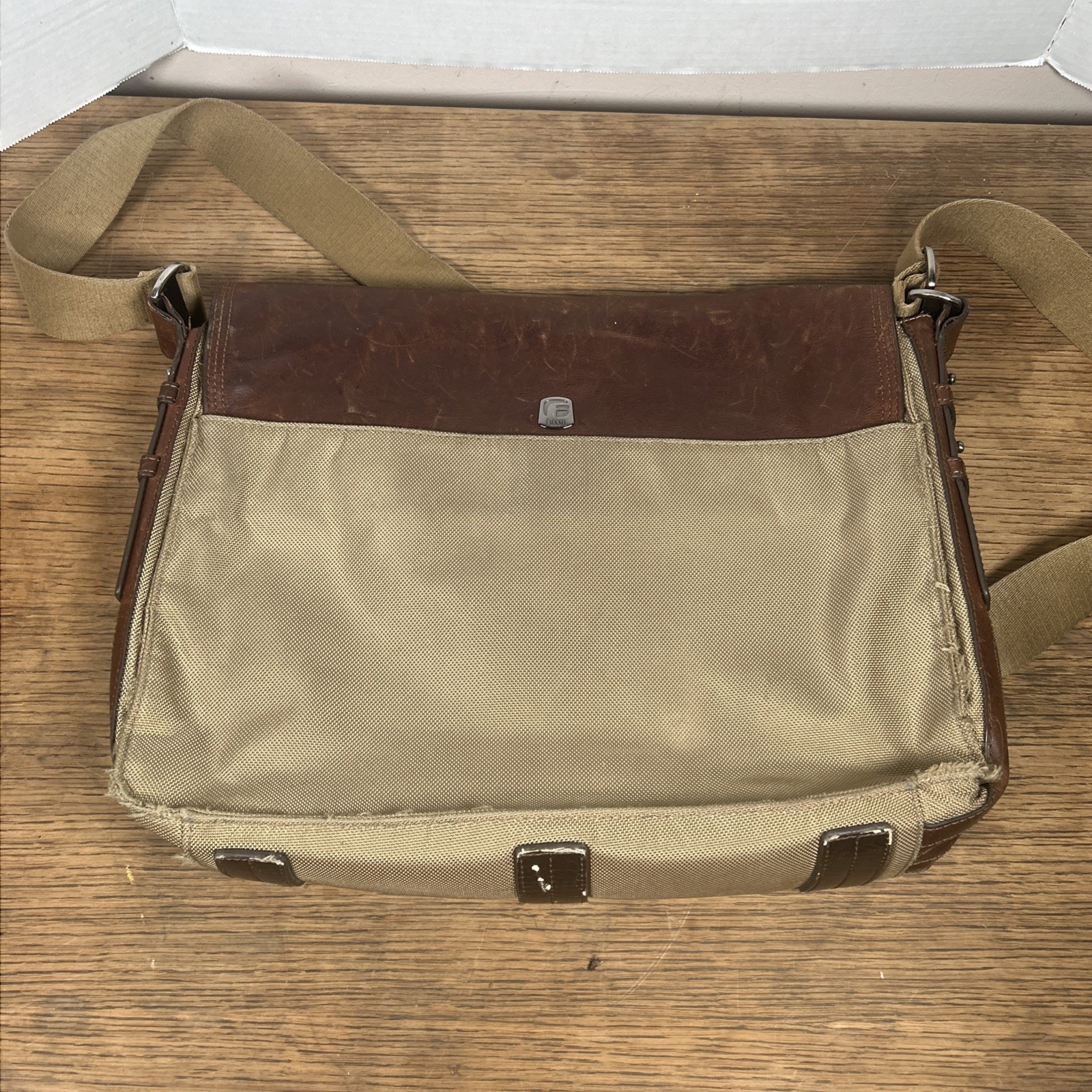 Fossil Messenger Bag Men’s Green Brown Nylon Leather Case Carry Distressed