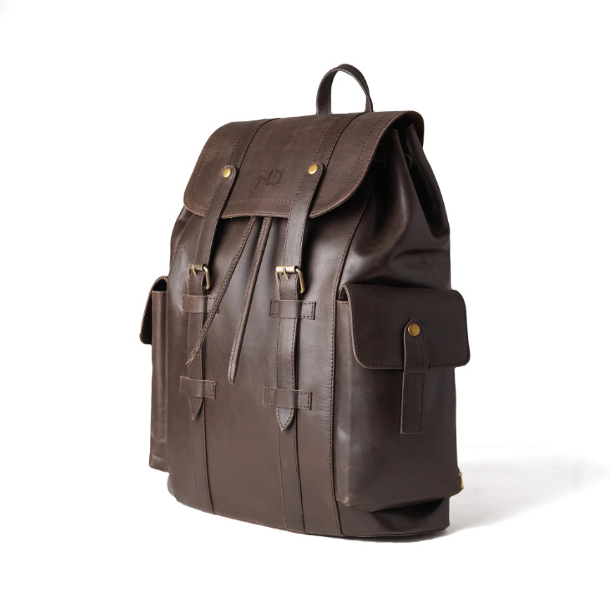 Leather Backpack Men Brown Green Laptop Office Travel Bag Double Shoulder Strap