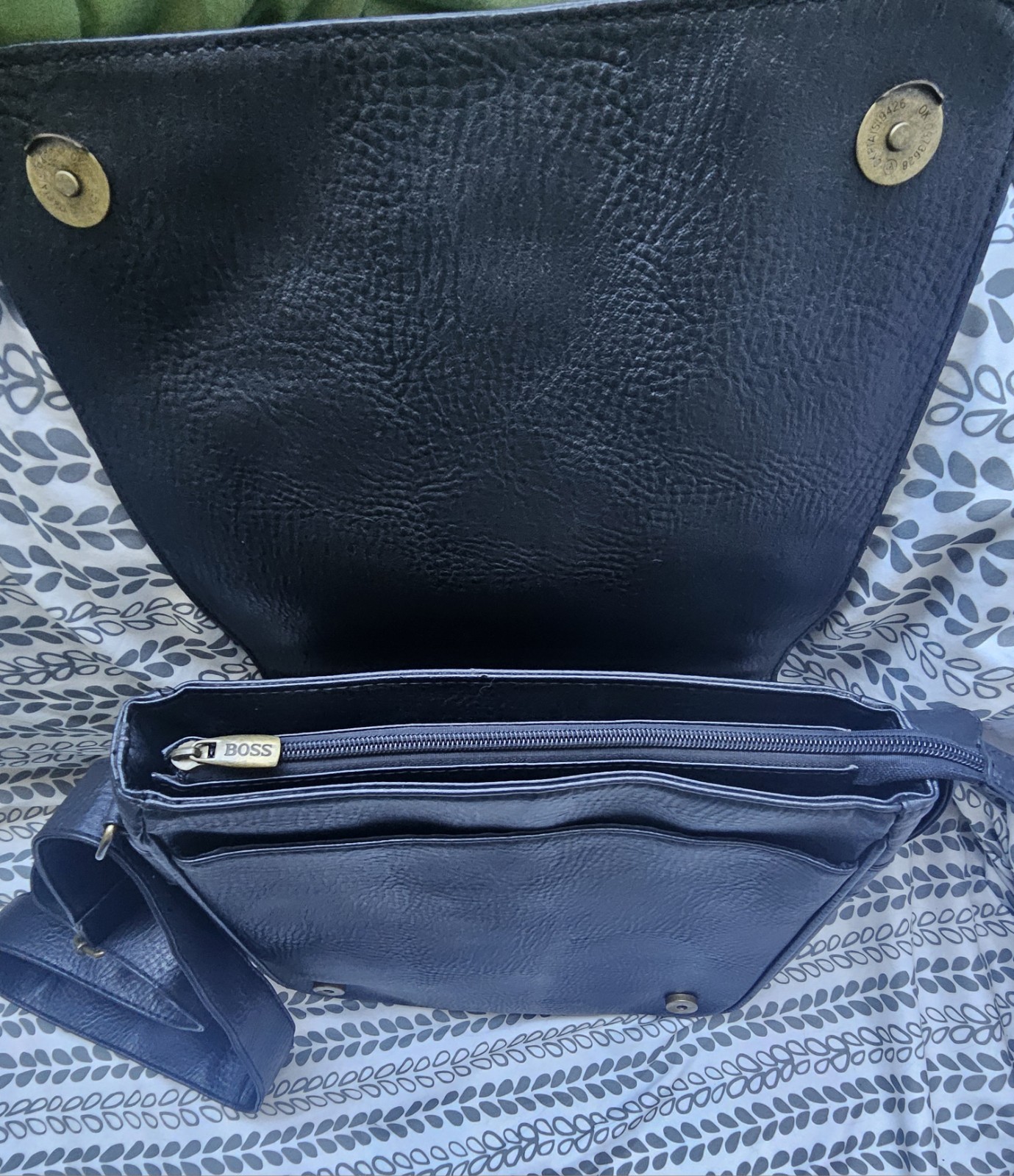 BOSS Black Messenger Crossbody Bag Adjustable Strap Magnetic Flap Zip Pockets