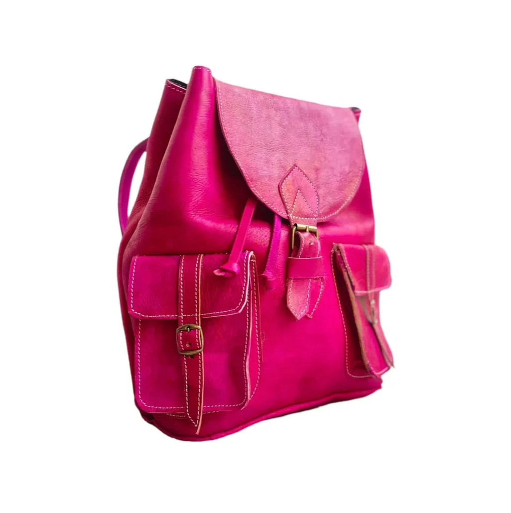 Fuchsia Pink Genuine Leather Backpack Handmade 38cm Artisan Handcrafted