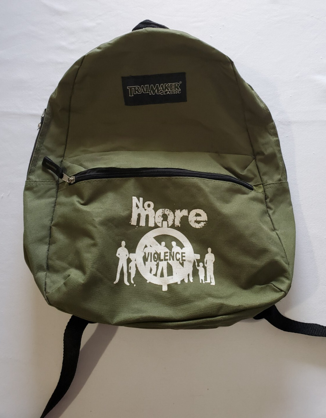 Trailmaker Classic “No More Violence” Backpack Olive Green Adjustable Straps