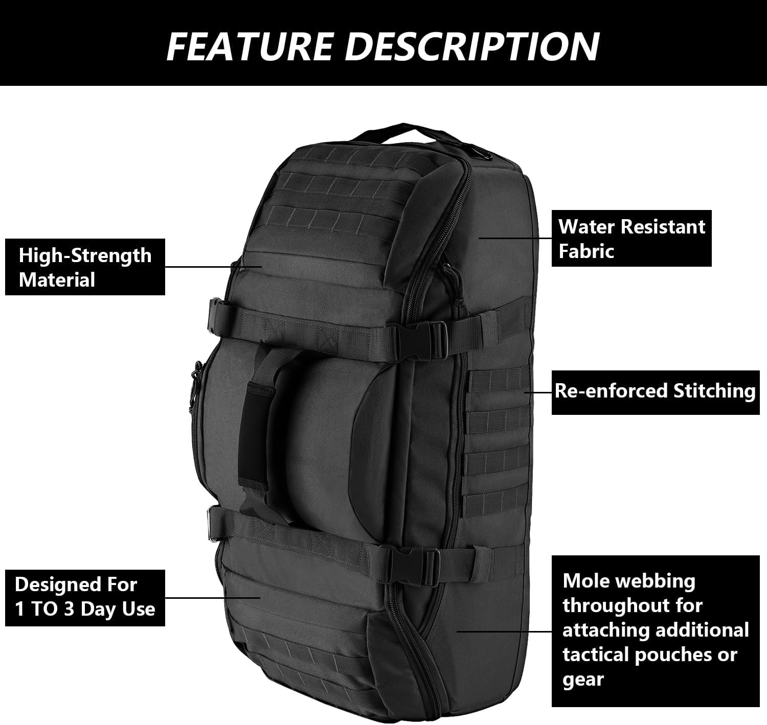 65L Large Duffle Bag, 3-in-1 Tactical Backpack MOLLE Pack for Sports, Gym, Outdo