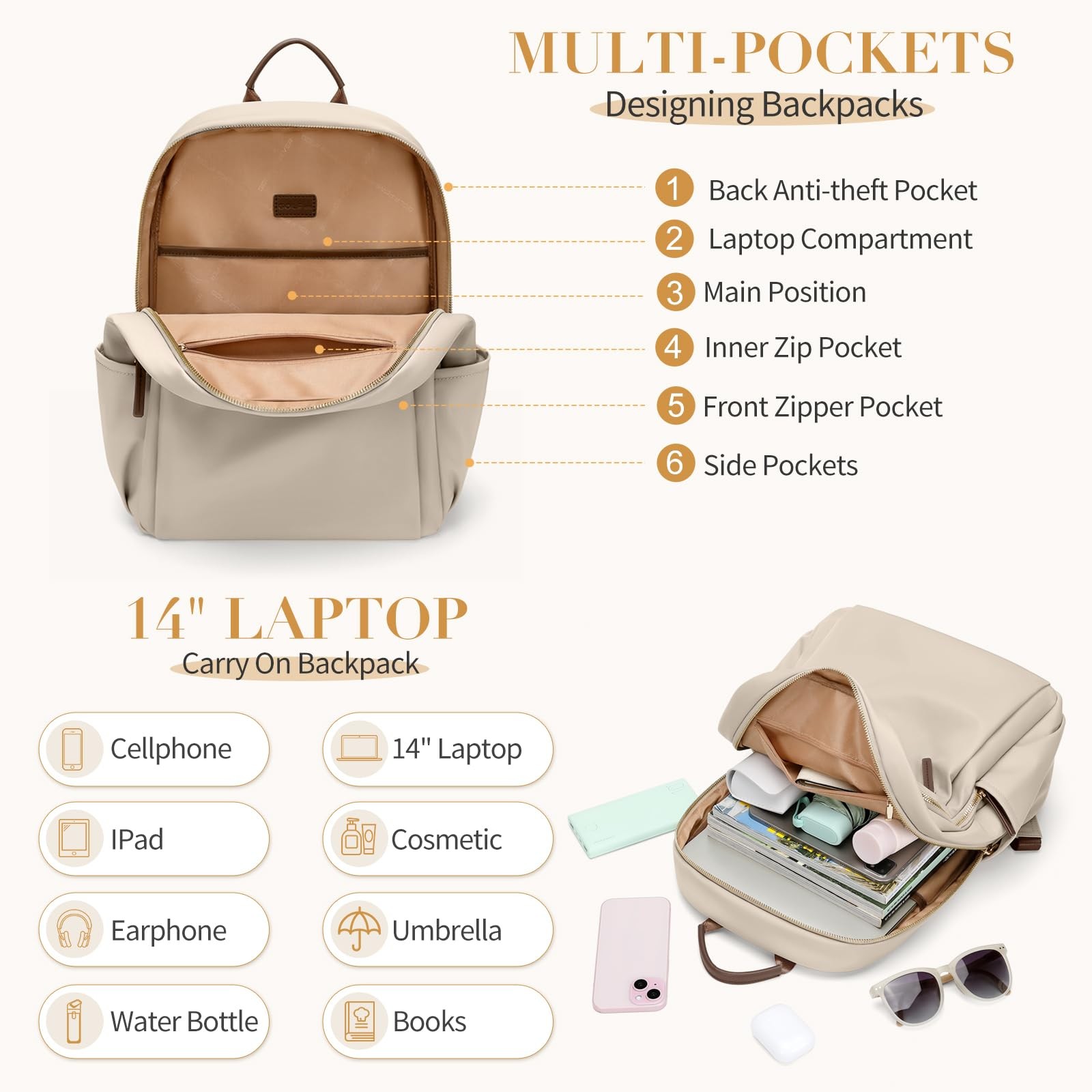 Stylish Laptop Backpack For Women Computer Bag Fits 14 Inch Notebook Apricot