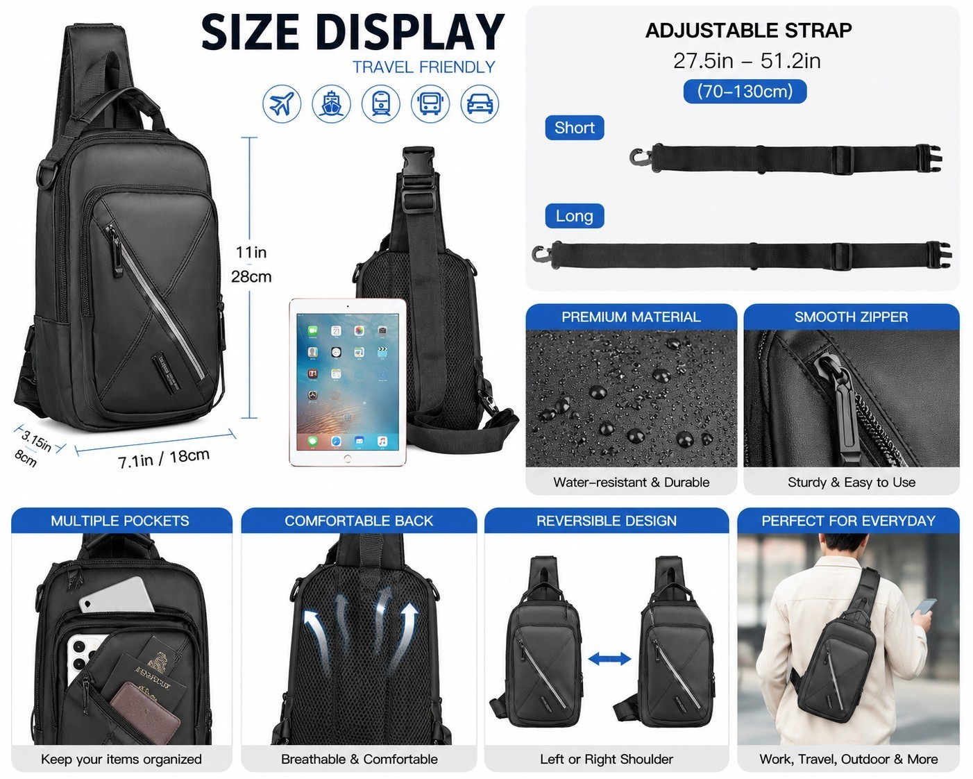 Men Women Nylon Sling Bag Backpack Crossbody Shoulder Chest Cycle Daily Travel