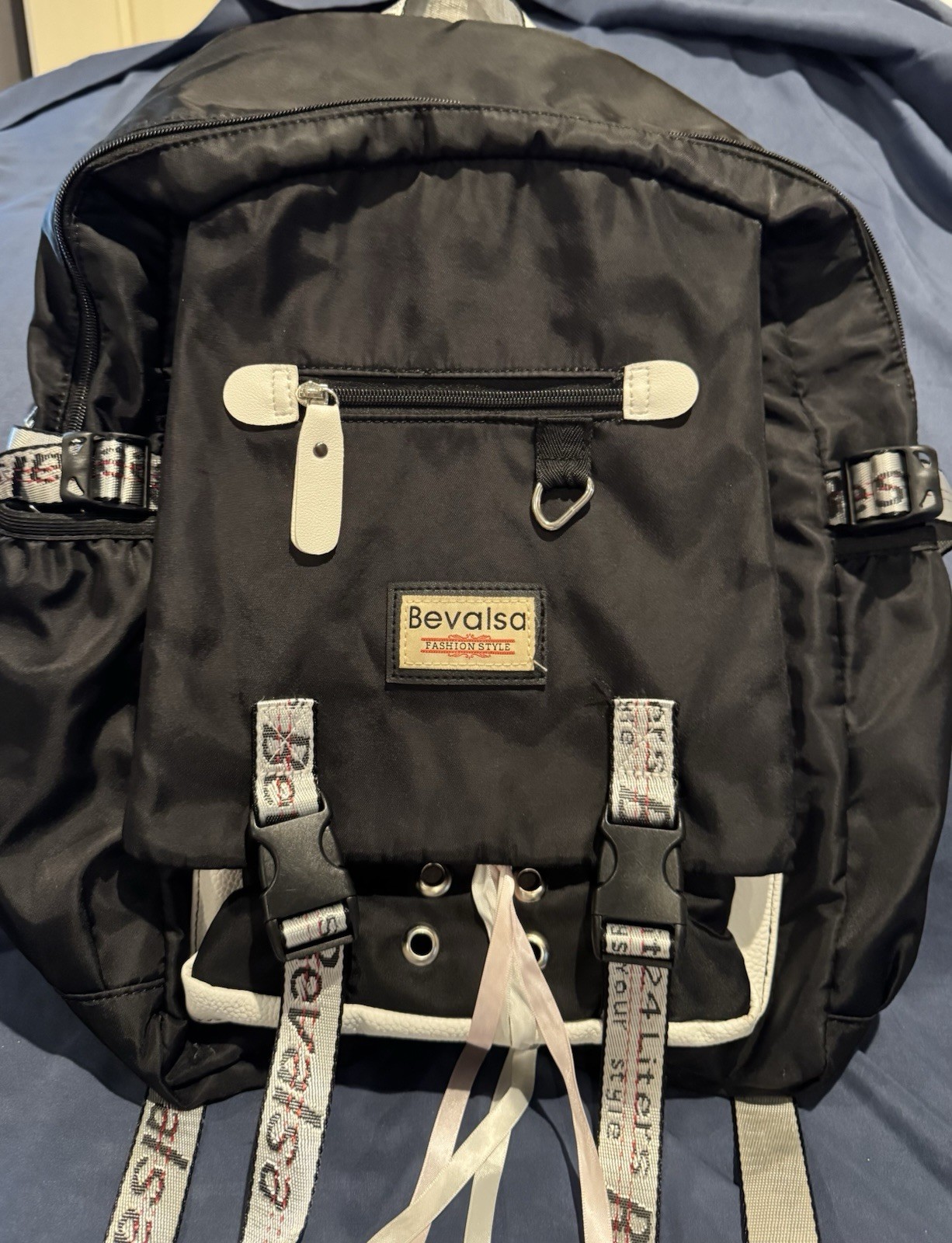 Bevalsa Black White Backpack with USB Port, Audio Pocket, Adjustable Straps