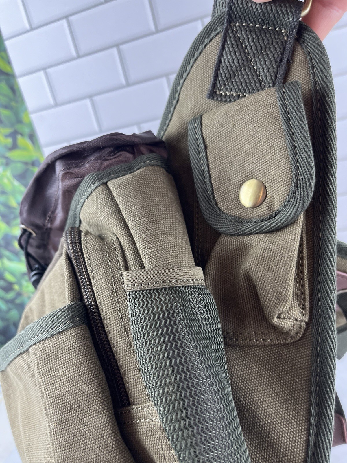 Kaukko Men’s Vintage Canvas Shoulder Messenger Bag Leather Patchwork Armygreen