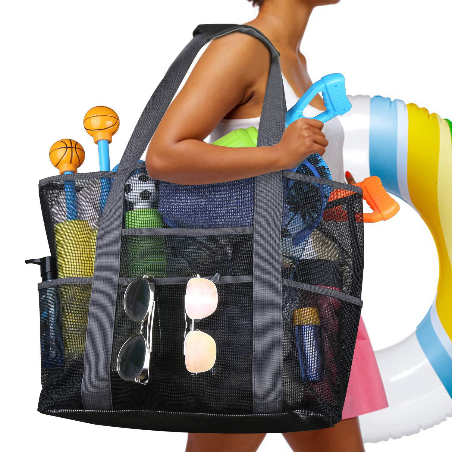 28″x15″ Extra Large Summer Beach Mesh Bag Tote w/Zipper & 8 Pockets XL Sandproof