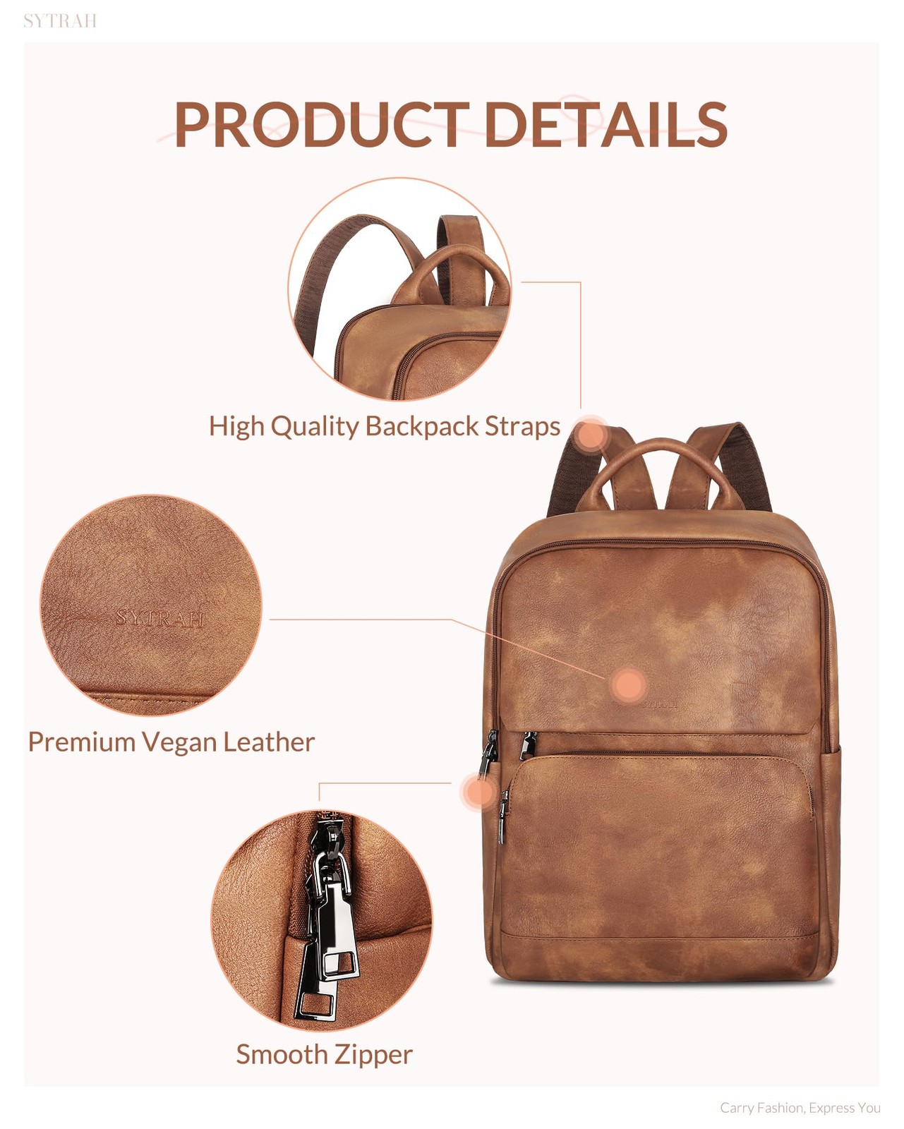 Leather Backpack for Women, 15.6 inch Laptop Purse Daypack Brown