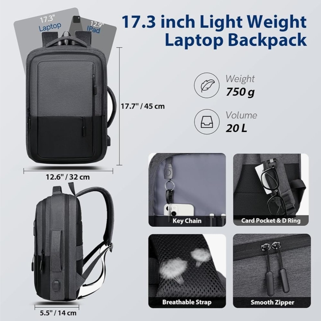 17.3″ Waterproof Laptop Backpack Travel Computer Bookbag with USB Charging Port