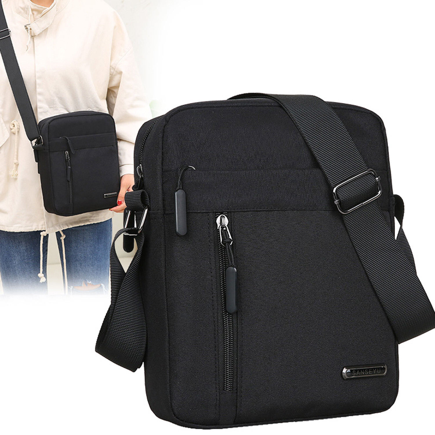 Man Casual Nylon Tablet Bag Shoulder Bag Men Leisure Messager bag Black