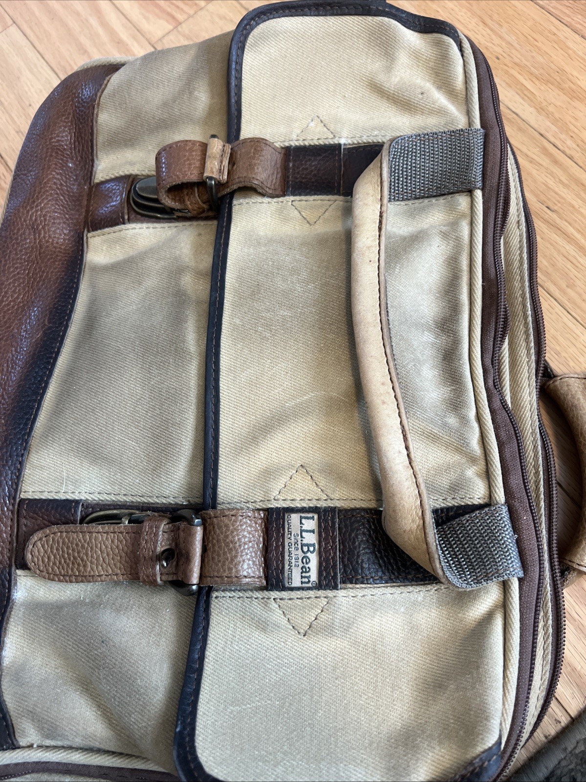 LL Bean Canvas Messenger Crossbody Bag Push Lock Leather Trim Tan Brown