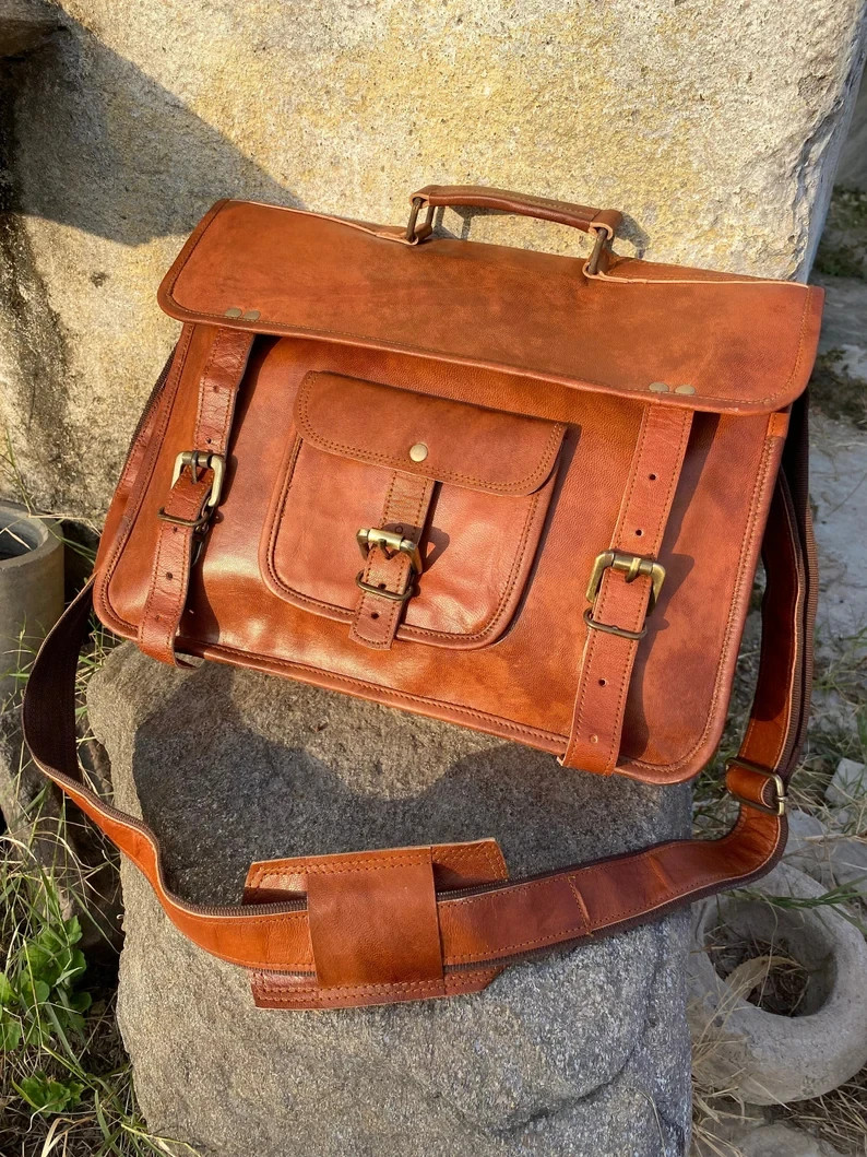 Real Goat Leather Messenger Bag Men’s Genuine Brown Laptop Satchel Briefcase