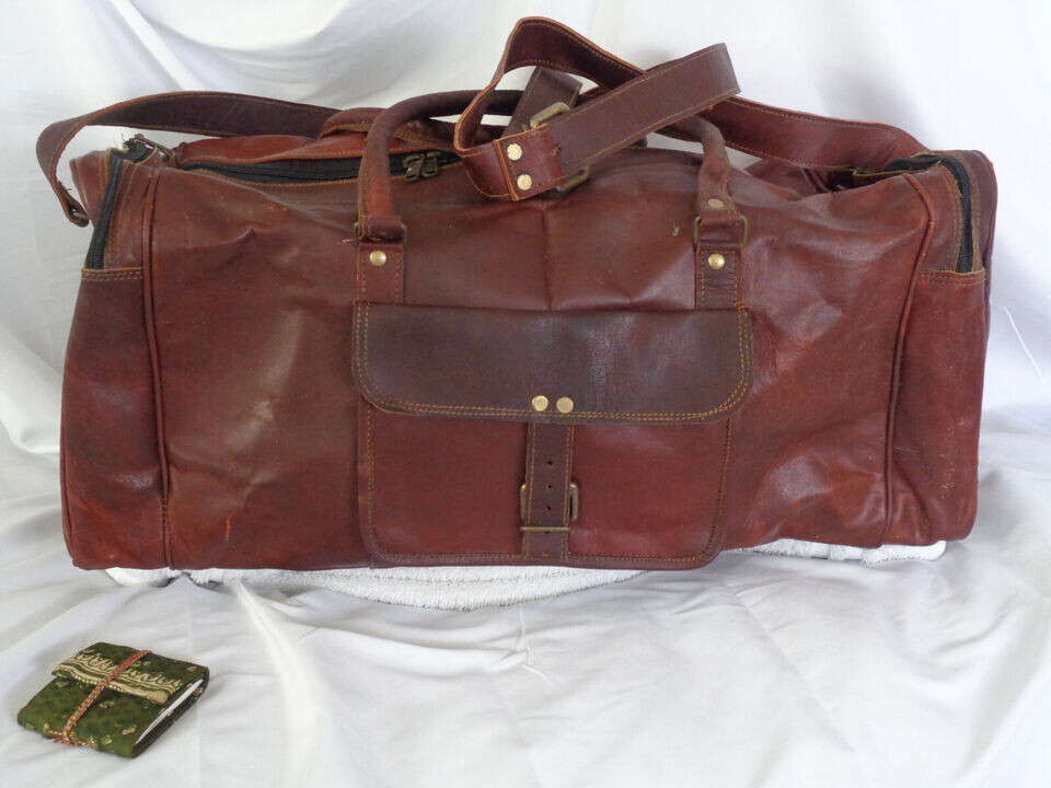 Large Handmade Indian Duffel Style Travel Leather Bag Brown Shoulder Strap