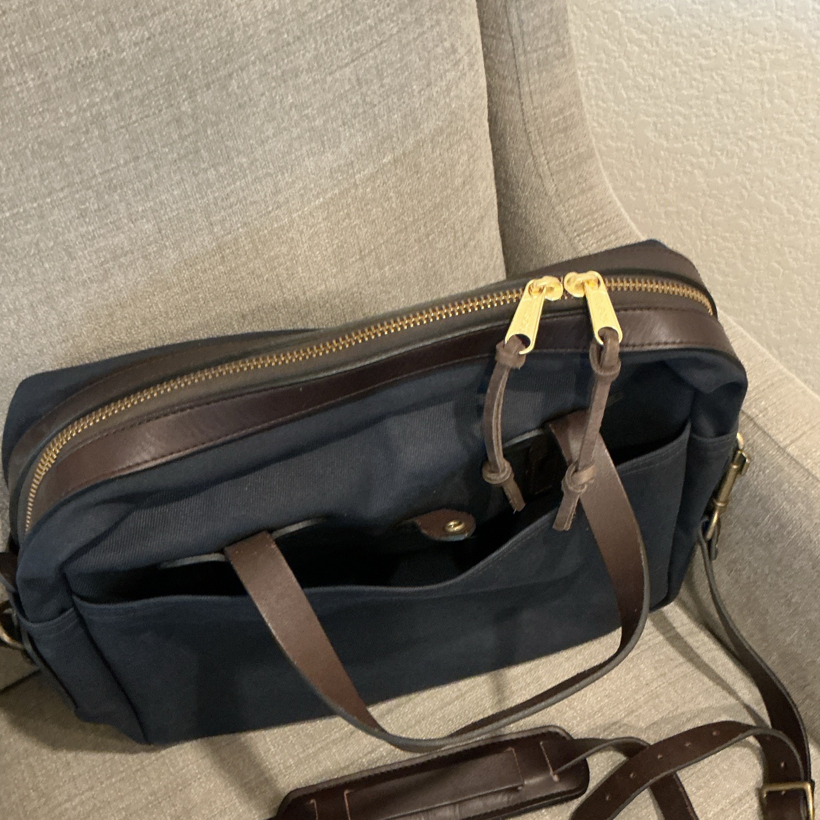 Filson Blue/Brown Briefcase Document Case, Brass Hardware, Adjustable Strap