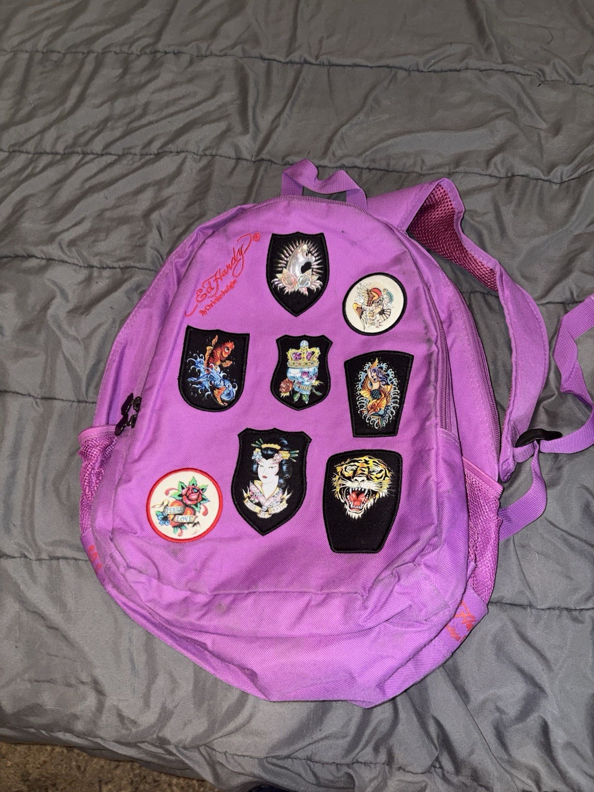Vintage Ed Hardy Y2K Spell Out PINK Backpack Christian Audigier Tattoo Patches