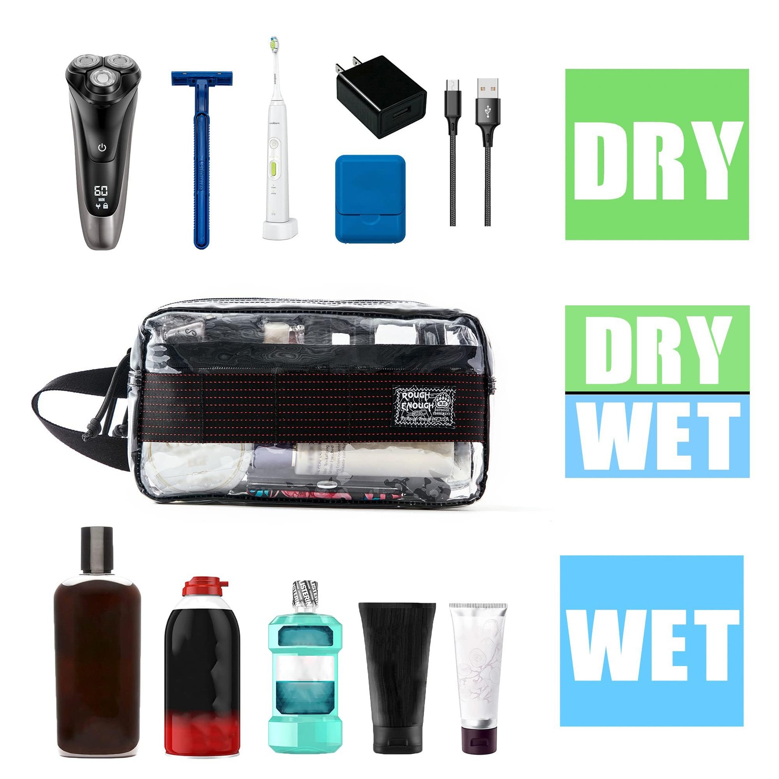 Rough Enough Clear Travel Toiletry Bag for Men Women 9.5 x 5 x 5 inch, Black