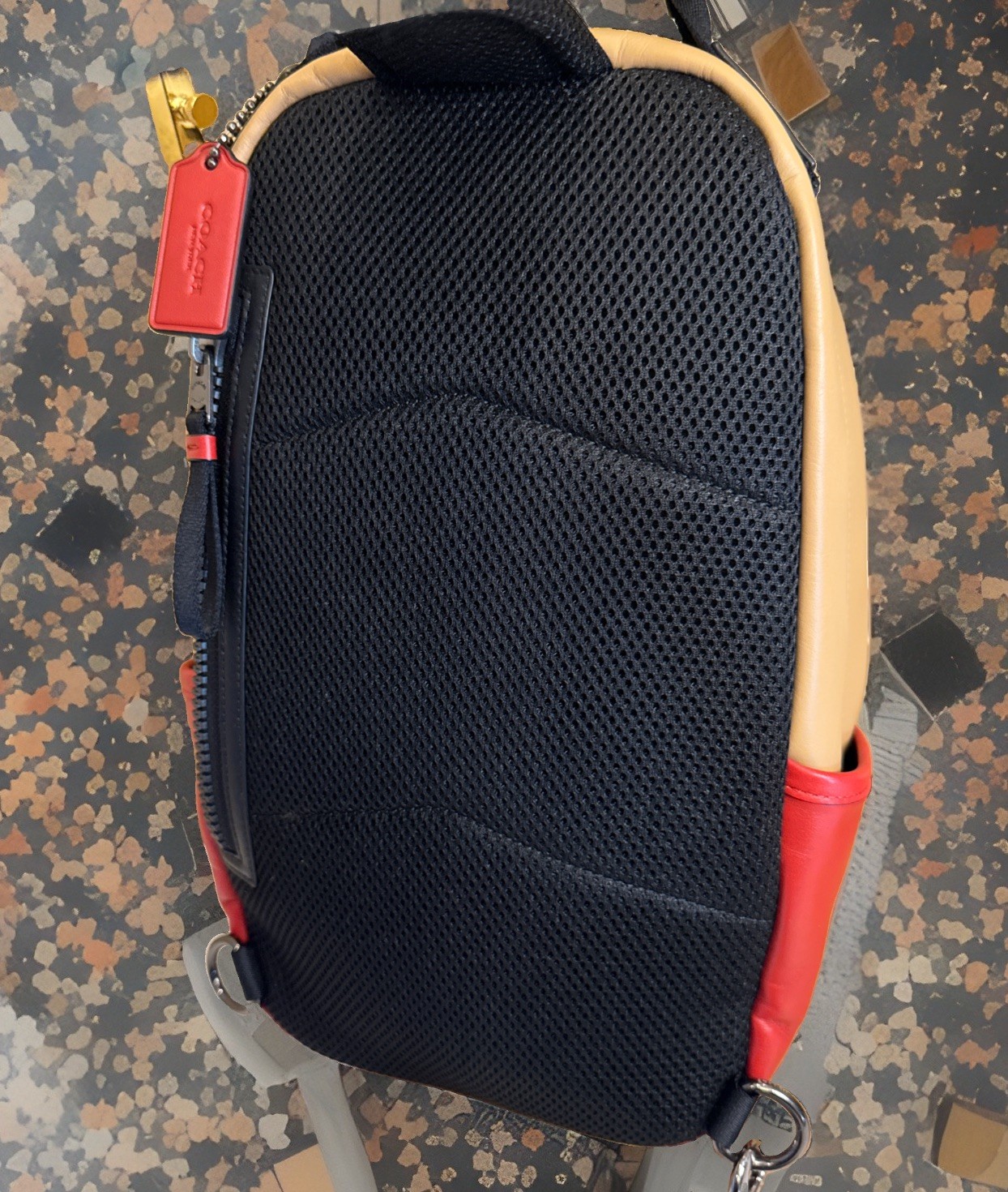 Coach Leather Racer Sling Pack – Unique Tan/Red/White ColorBlock Edition ~MC~
