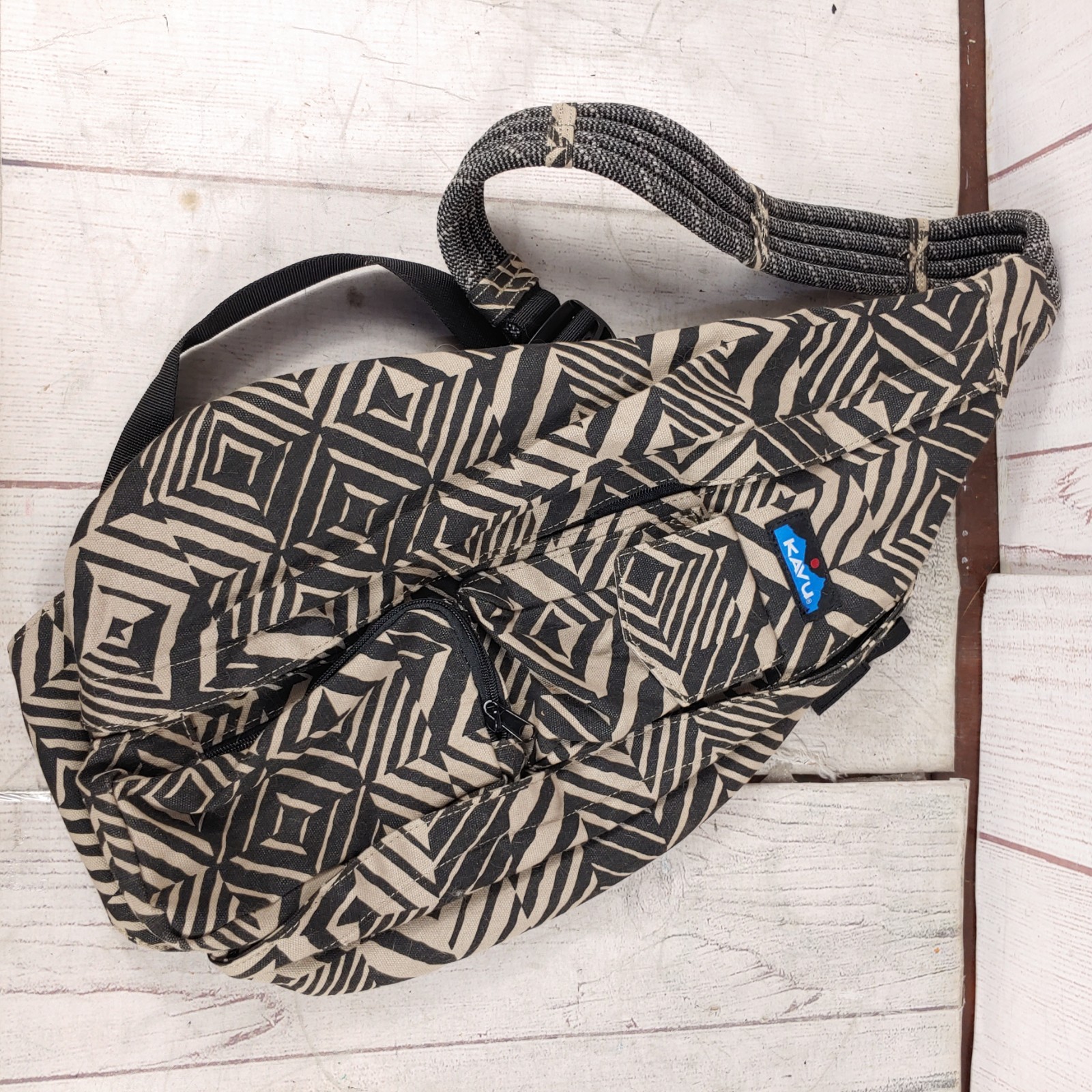 Kavu Crossbody Backpack Unisex Geometric Sling Rope Bag Canvas Beige Black USED