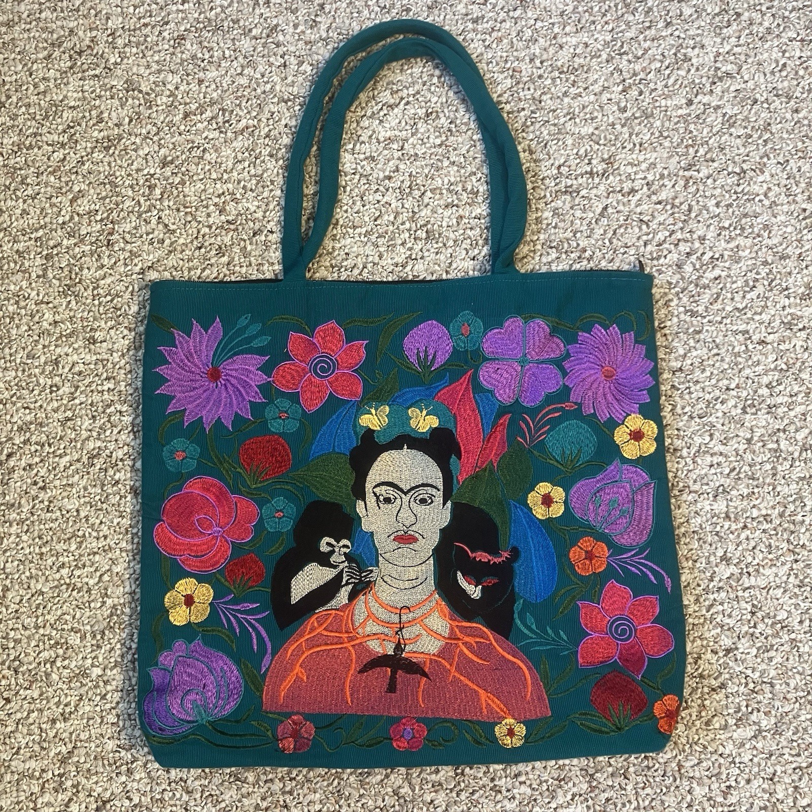 Frida Kahlo Embroidered Tote Bag Green Colorful Art Artsy Boho Flowers Animals