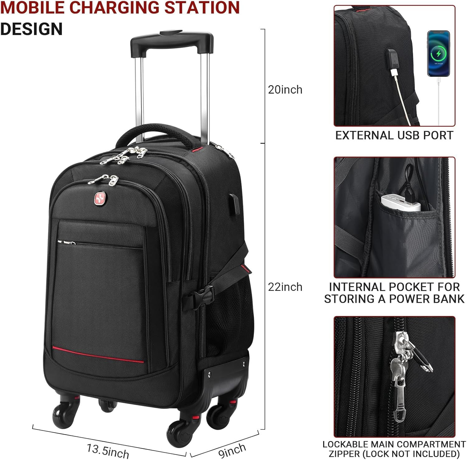 4-Wheel Rolling Backpack 45L (22X14X9 In): 17.3-Inch Roller Travel Laptop Backpa