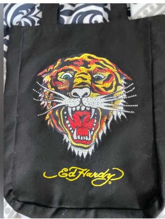 Ed Hardy Black Tiger Tote Bag Art Theme Shoulder Strap Inner Pockets