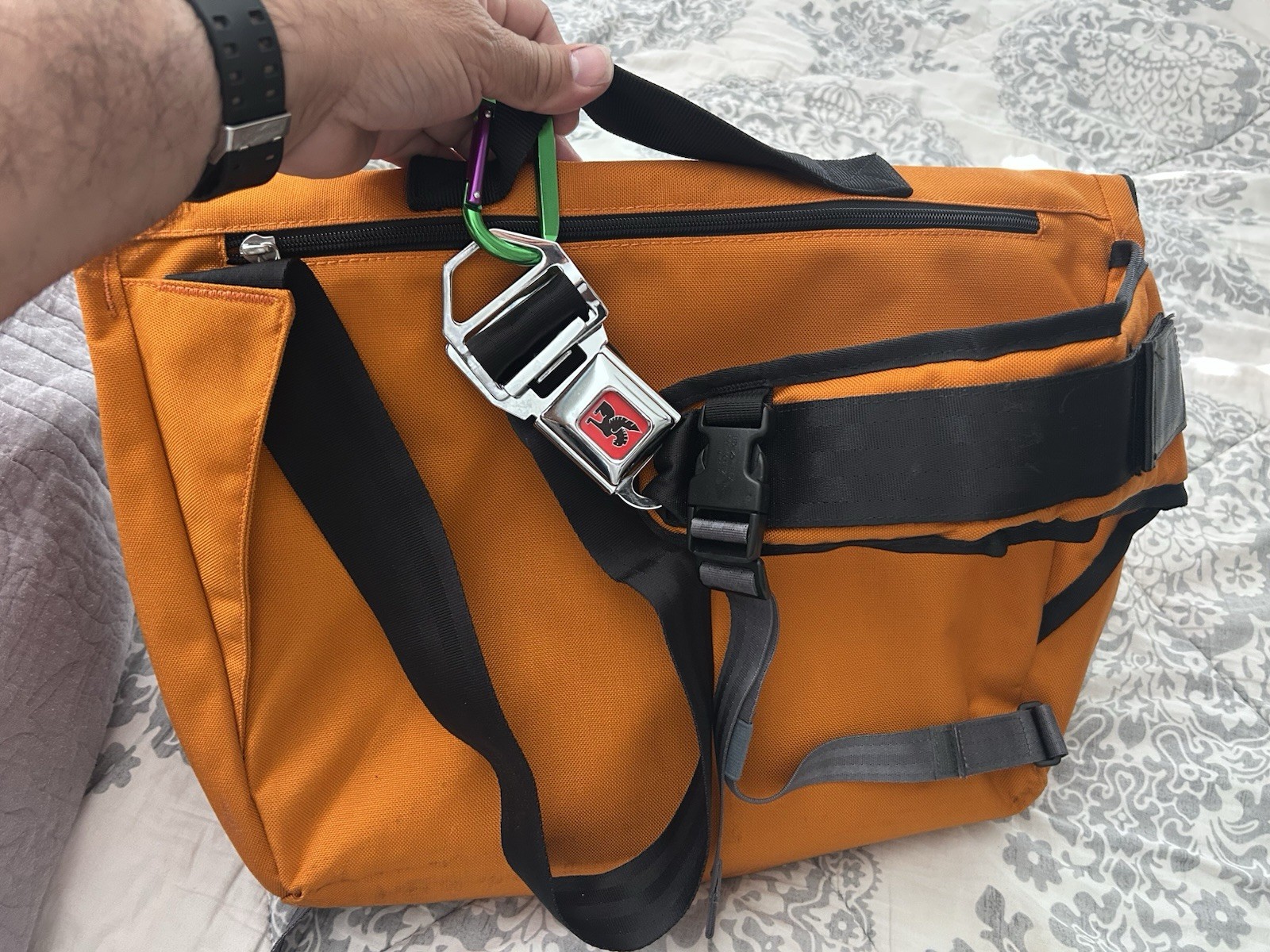 Chrome Orange/Gray/Black Messenger Bag, Zip & Buckle Closure, Adjustable Strap
