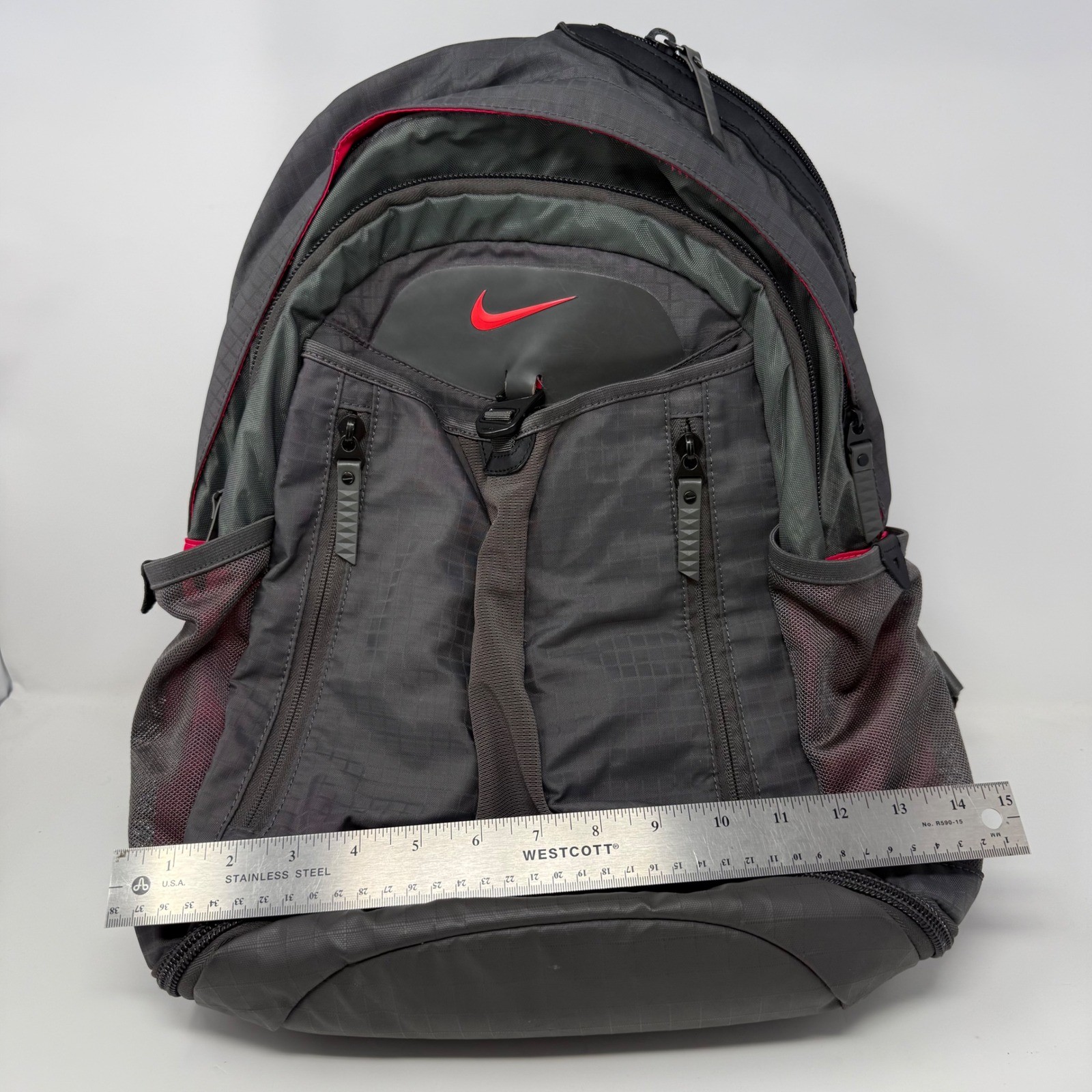 Nike Sport Backpack Grey Red Ripstop Multi-Pocket Shoe Compartment Training Bag