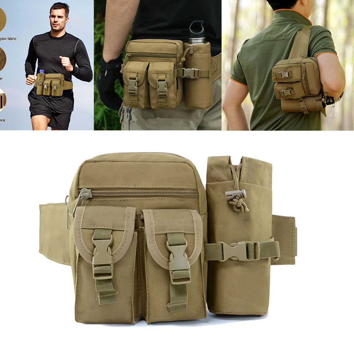 900D Oxford Cloth Waist Bag for Women and Men Sports Traveling Cycling Khaki