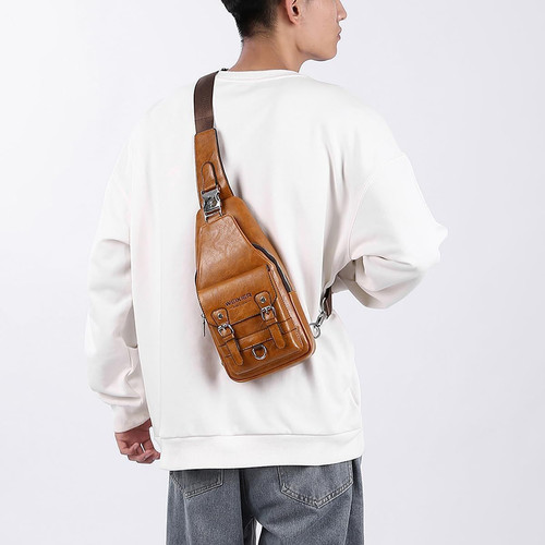 PU Leather Sling Bag for Men – Waterproof, Lightweight, B-light Brown