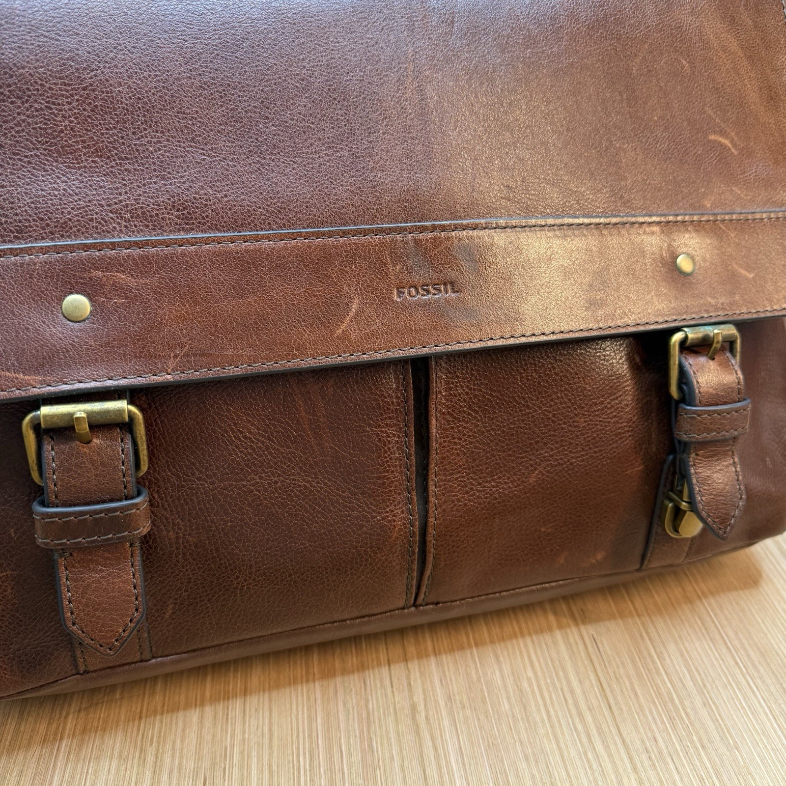 FOSSIL Rich Brown Leather Messenger Satchel Computer Laptop Cross Body Bag 16×12