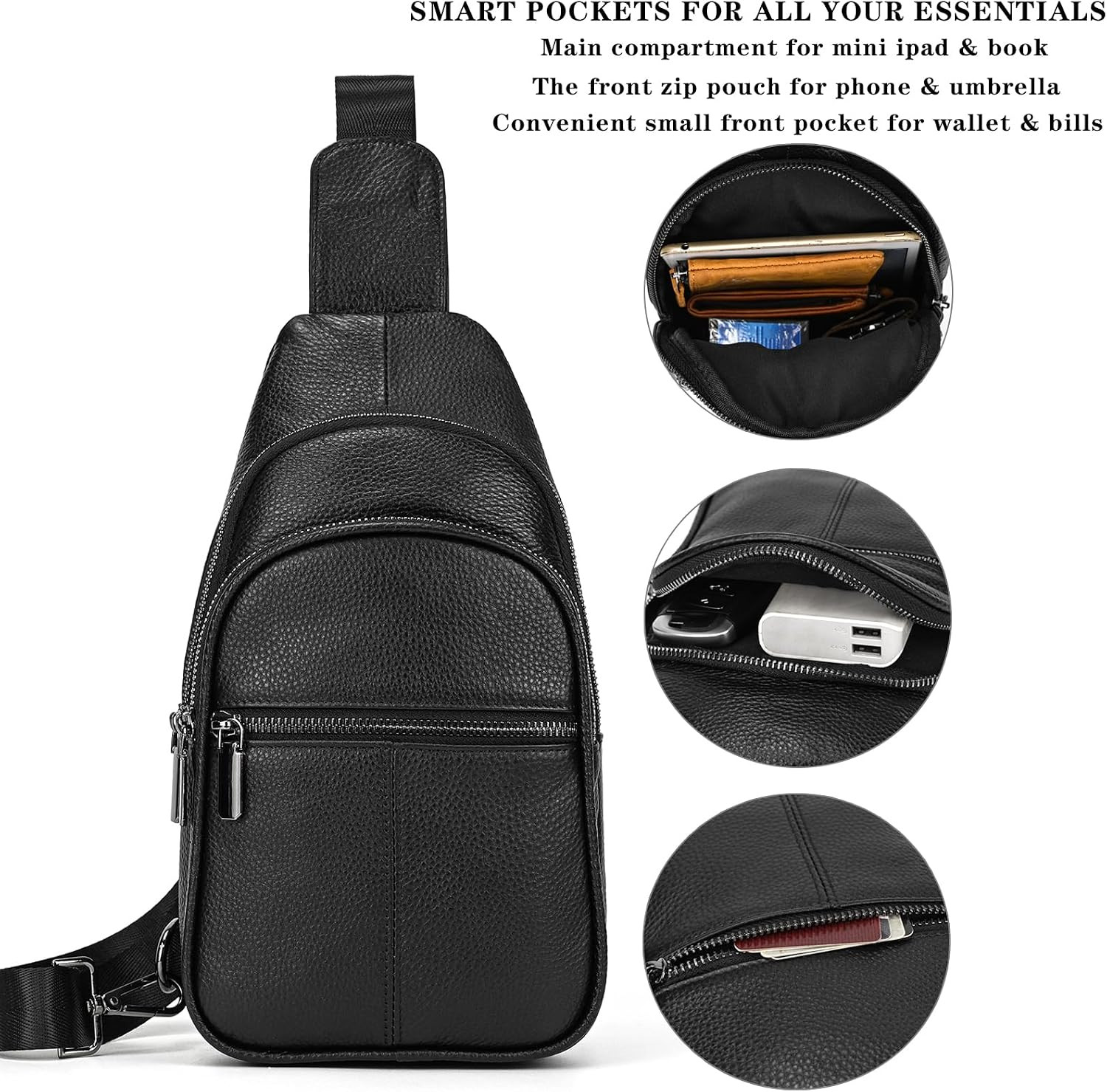 Genuine Leather Sling Bag Multi-Pocket Chest Bag for Men Hiking Travel Daypack