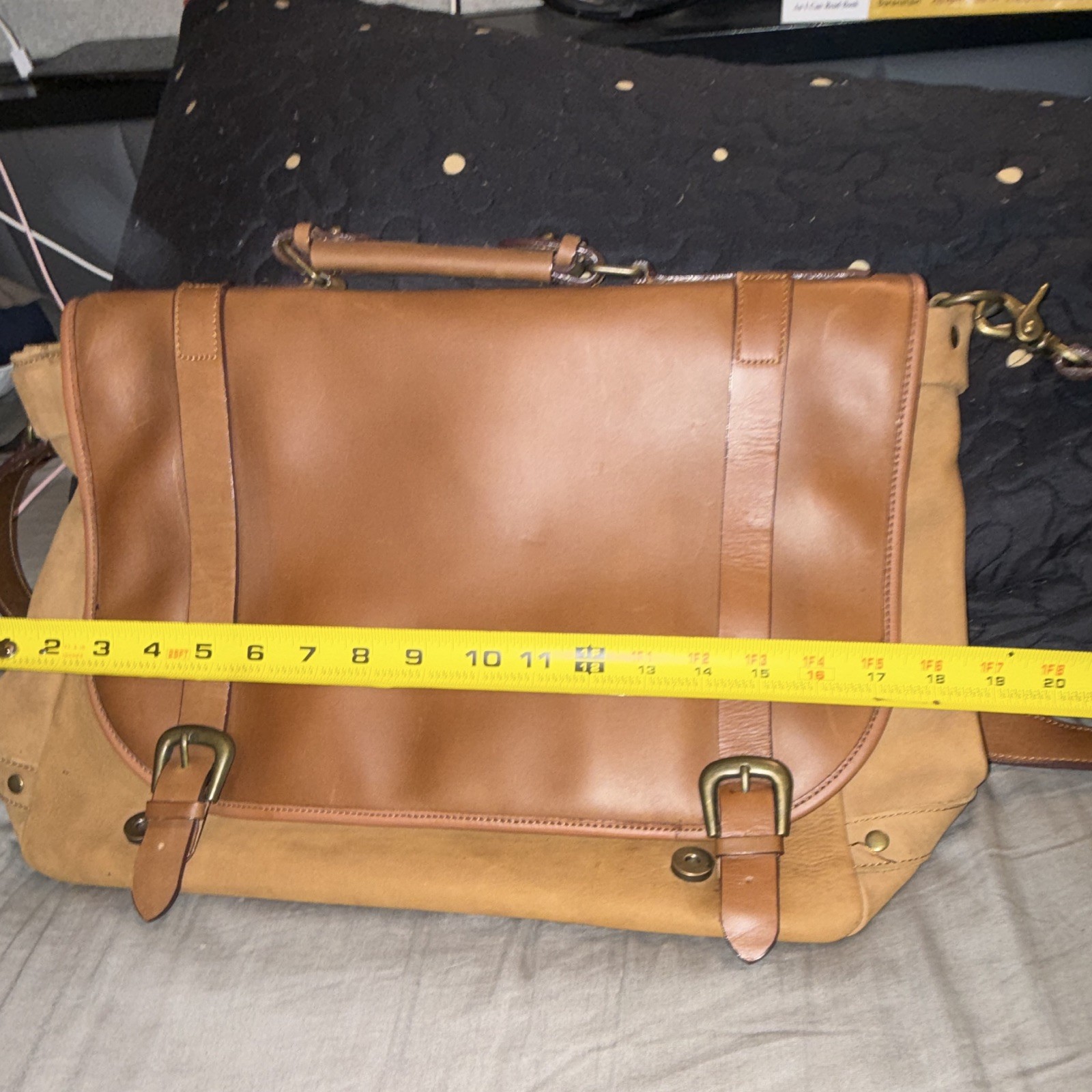 Brown/Tan genuine leather Messenger Bag, brass buckle Flap Crossbody Top Handle