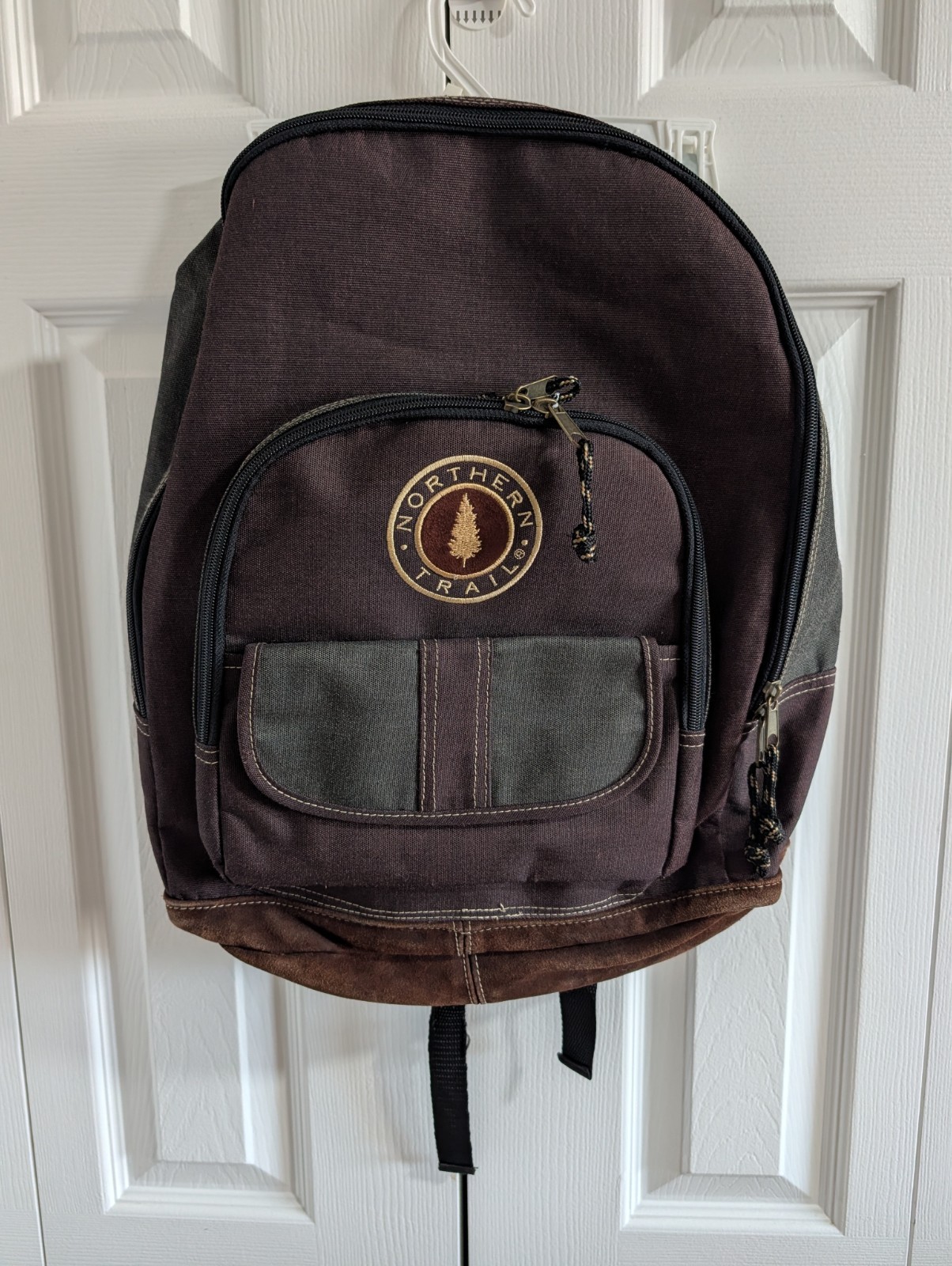 Vintage Northern Trail Canvas Leather Bottom Backpack Brown Olive Frayed Strap
