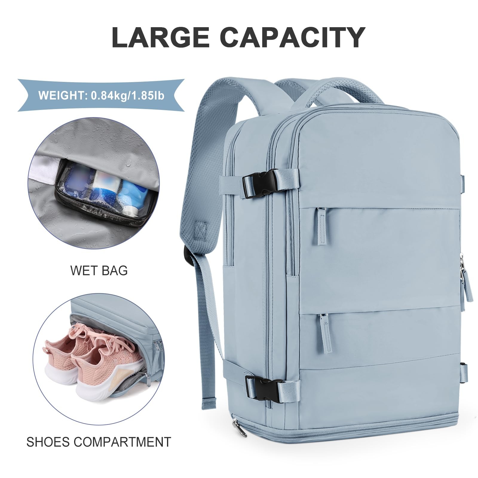 Large Travel Backpack 30L Carry On Flight Approved 15.6in Laptop Gray Blue