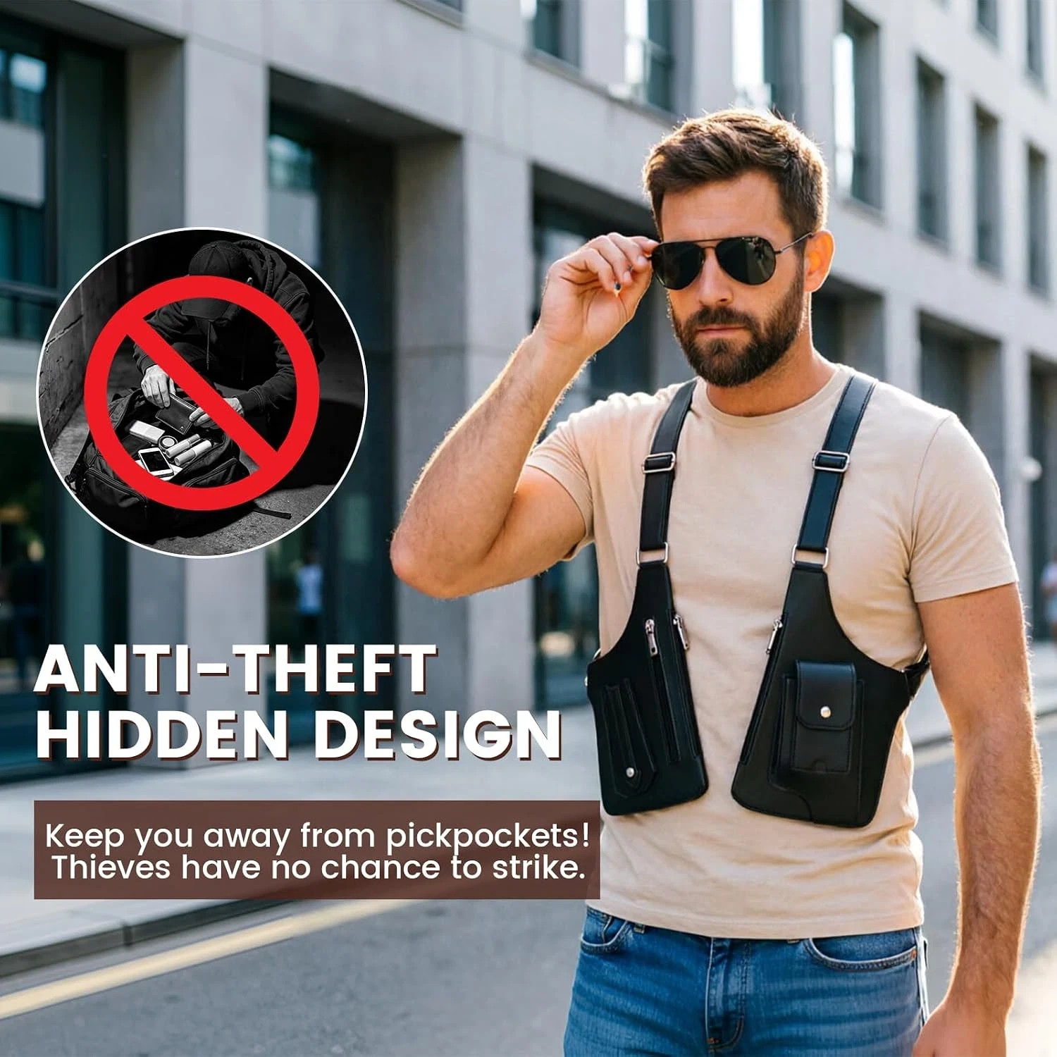 Men Double Shoulder Underarm Bag Anti Theft Holster PU Leather Travel Chest Bag