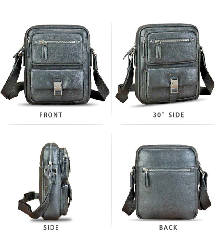 Genuine Leather Messenger Bag for Men Multi-Pocket Crossbody Shoulder Bag Black